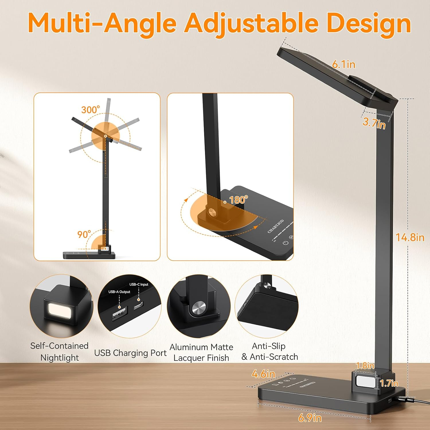 3 in 1 LED Desk Lamp Dimmable Table Lamp Reading Lamp with USB Charging Port and Night Light, Multi-angle Adjustable 25 Lighting Modes Bright Eye-Caring Desk Light Desk Lamp for College Dorm Room