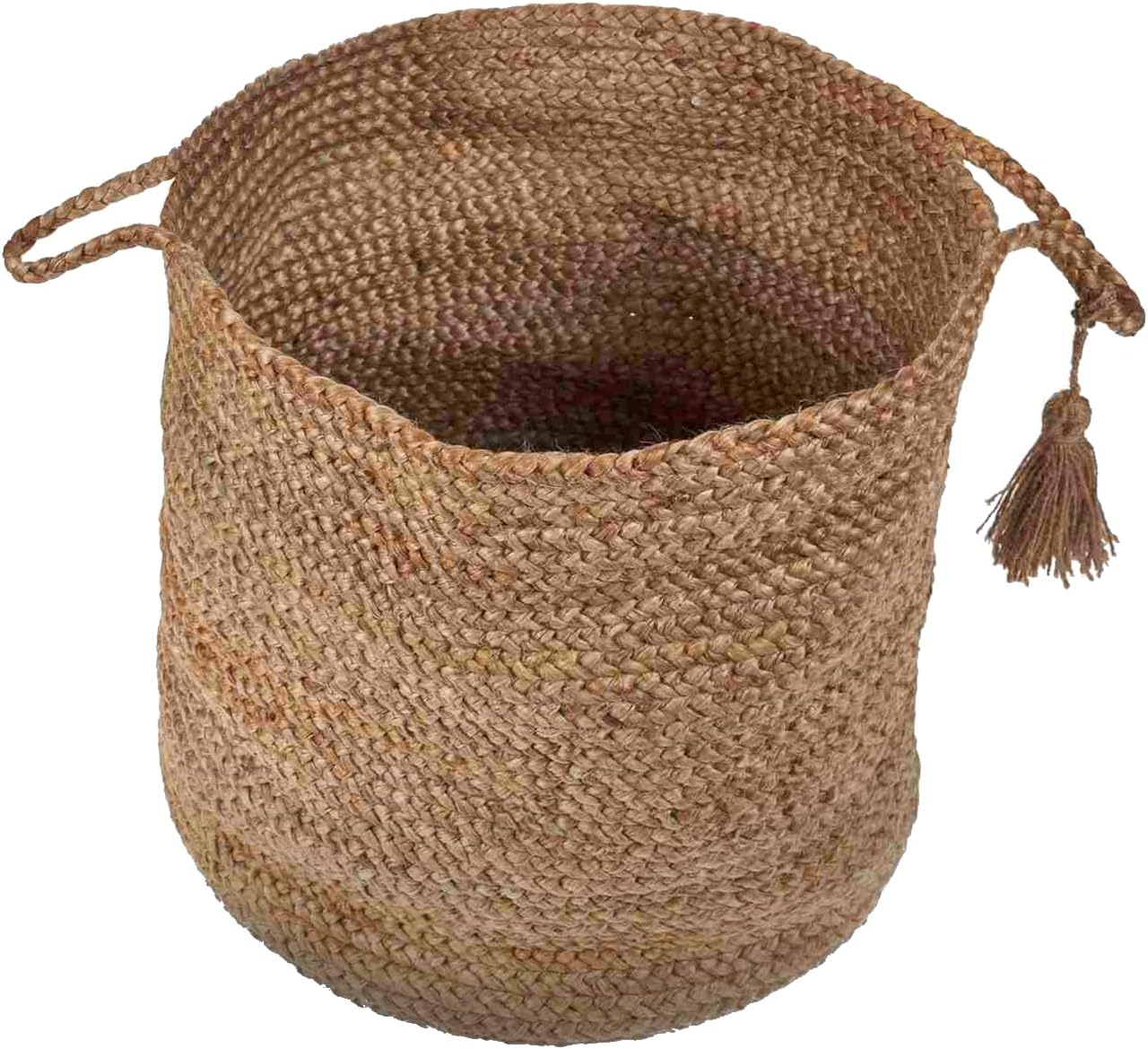 LR Home Braided Round Jute 17" Storage Basket with Handles, Natural/Tan Solid