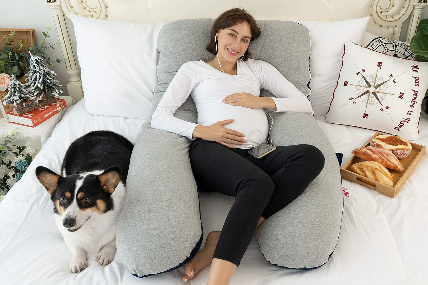 Meiz Pregnancy Pillow, Cooling Pregnancy Pillows for Sleeping, Full Body Pregnancy Pillow with Reversible Cooling Jersey Cover & Velvet Cover, Blue & Grey