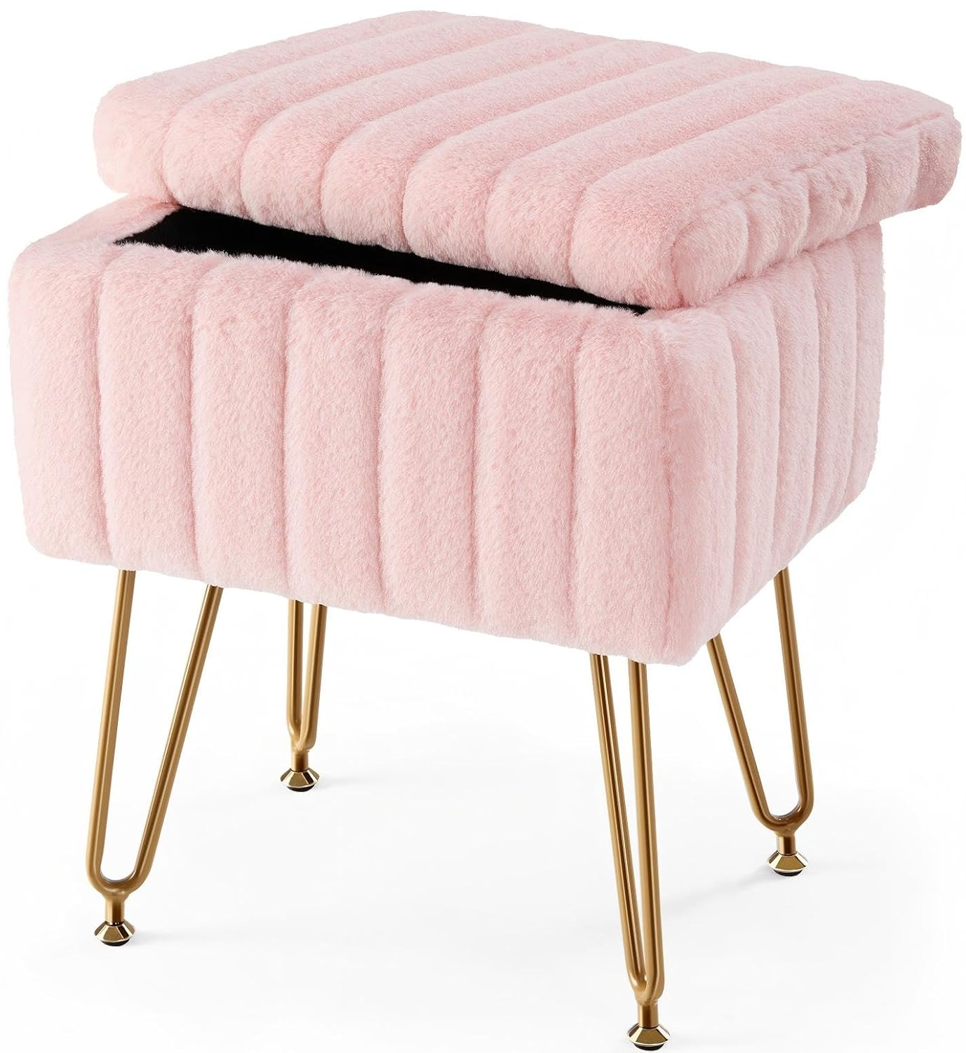 Vanity Stool Chair with Storage, Ottoman Faux Fur Soft Padded Makeup Footstools Seat with 4 Metal Legs