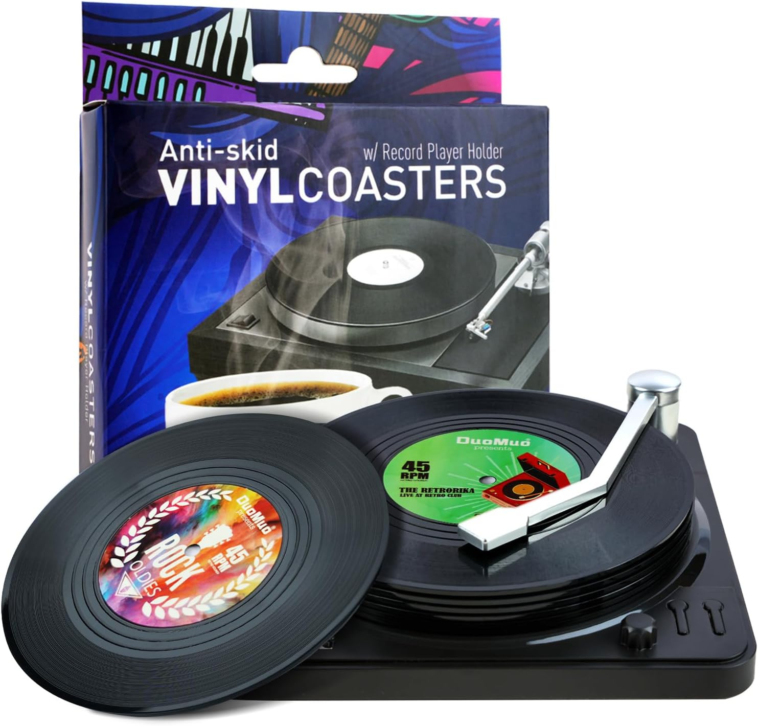 Funny Retro Record Coasters for Drinks with Vinyl Player Holder for Music Lovers,Set of 6 Conversation Piece Sayings Drink Coaster,Housewarming Hostess Wedding Registry Gift Ideas