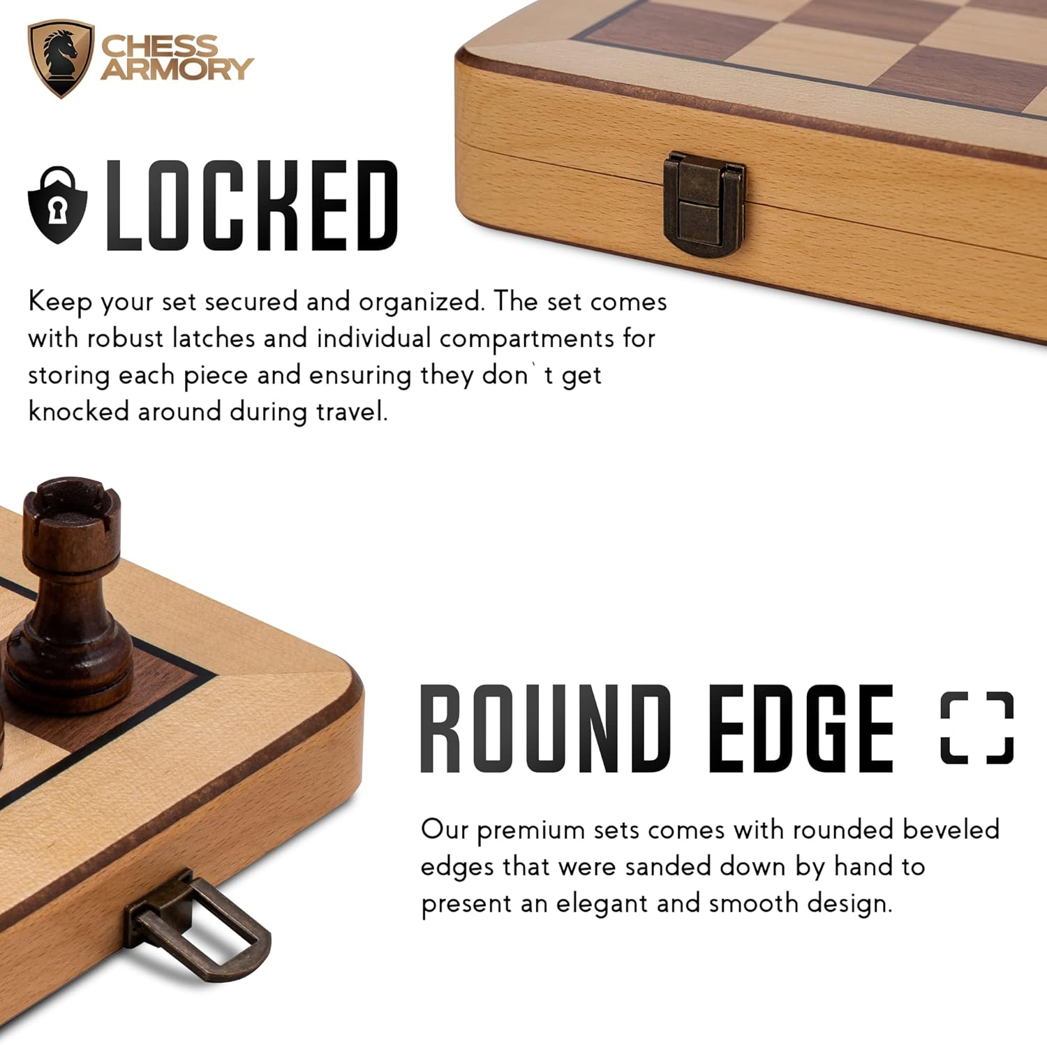 Chess Armory Premium Checkers and Chess Set - Wooden Board Game with a Portable Wood Case and Secure Storage for Pieces, Set for Kids and Adults (Beech Wood)