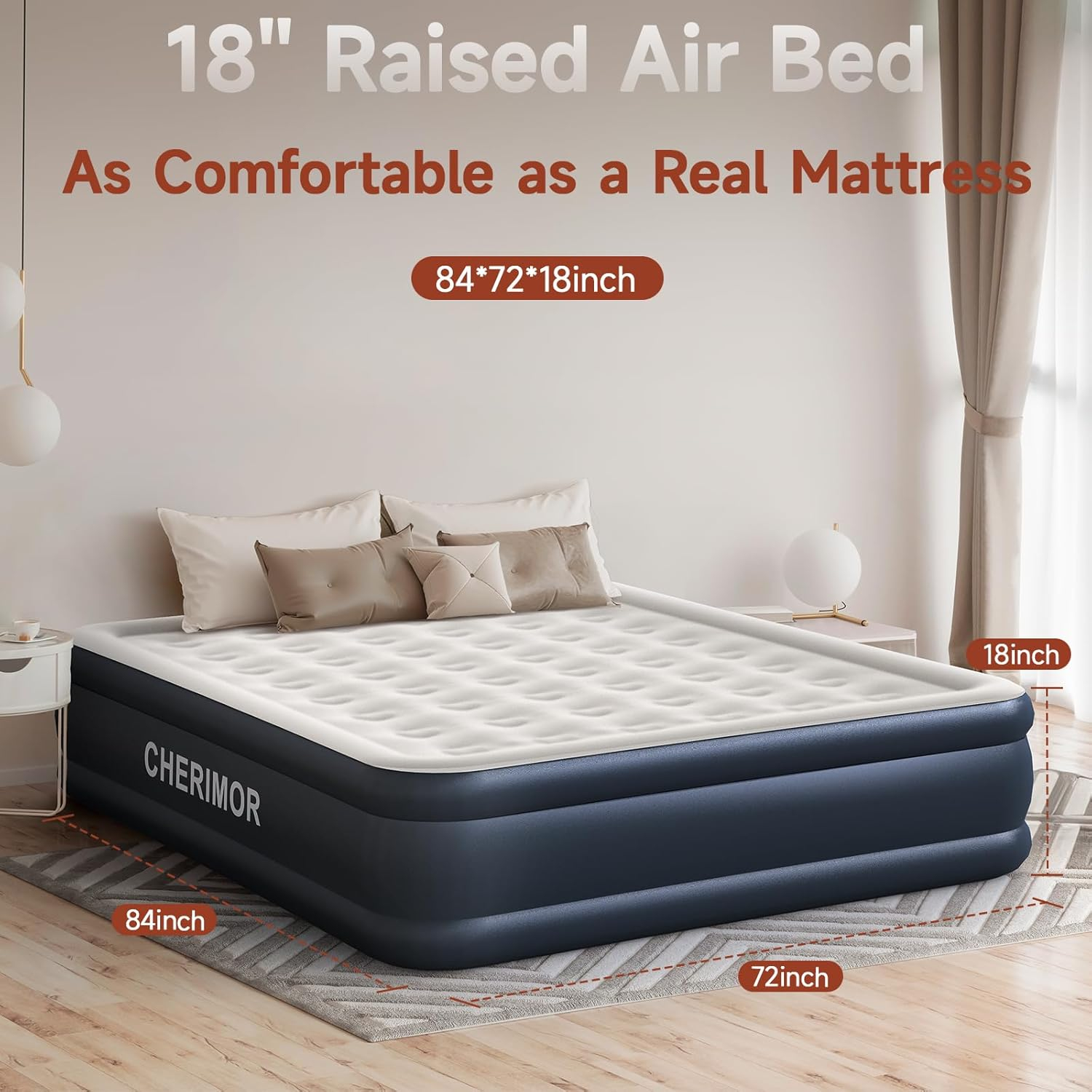 California King Size Navy and White Raised Air Mattress with Built-in Pump
