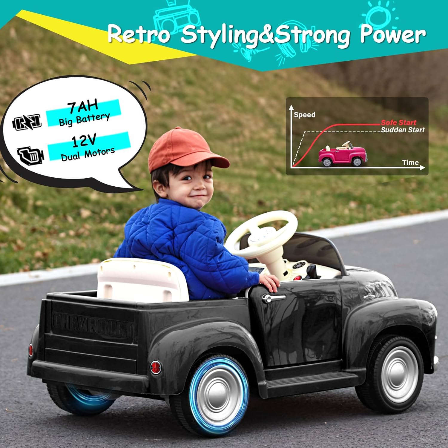 Joywhale 12V Kids Ride on Car Licensed Chevrolet 3100 Pickup Battery Powered Motorized Electric Car, with 7AH Big Battery, 2.4G Remote Control, 3-Speeds, Storage Space, Music, Retro Style, Black