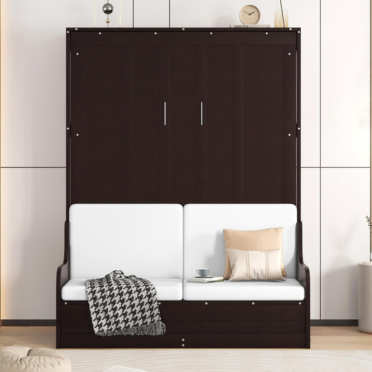 Harper & Bright Designs Queen Size Murphy Bed Chest with Upholstered Headboard, Espresso Wood Wall Bed Cabinet with Cushion Seat, Foldable for Guest Room Home Office