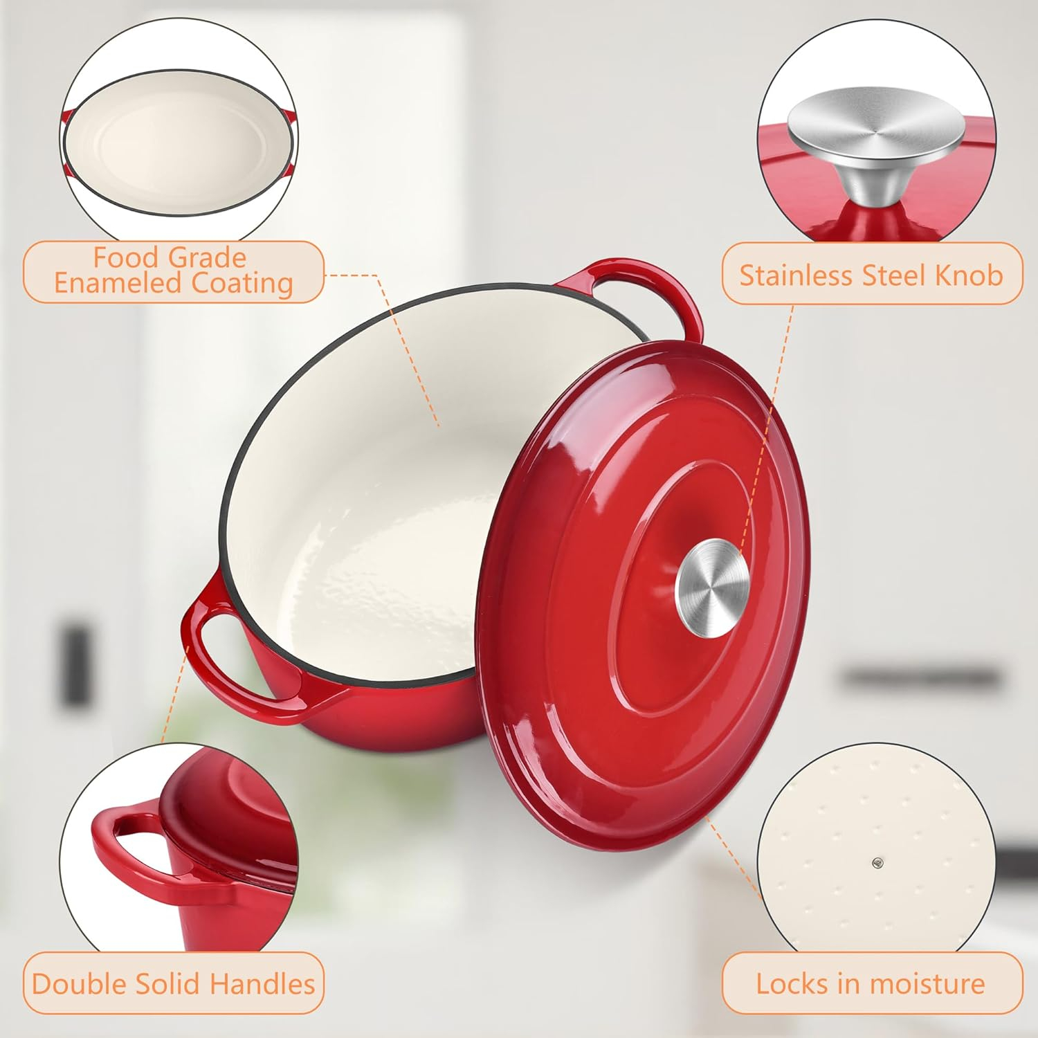 TeamFar 7QT Oval Dutch Oven, Enameled Cast Iron Dutch Oven Pot with Lid, For Bread Baking/Stewing/Braising/Frying, Suitable for Various Stoves, Non-stick & Easy Clean, Red