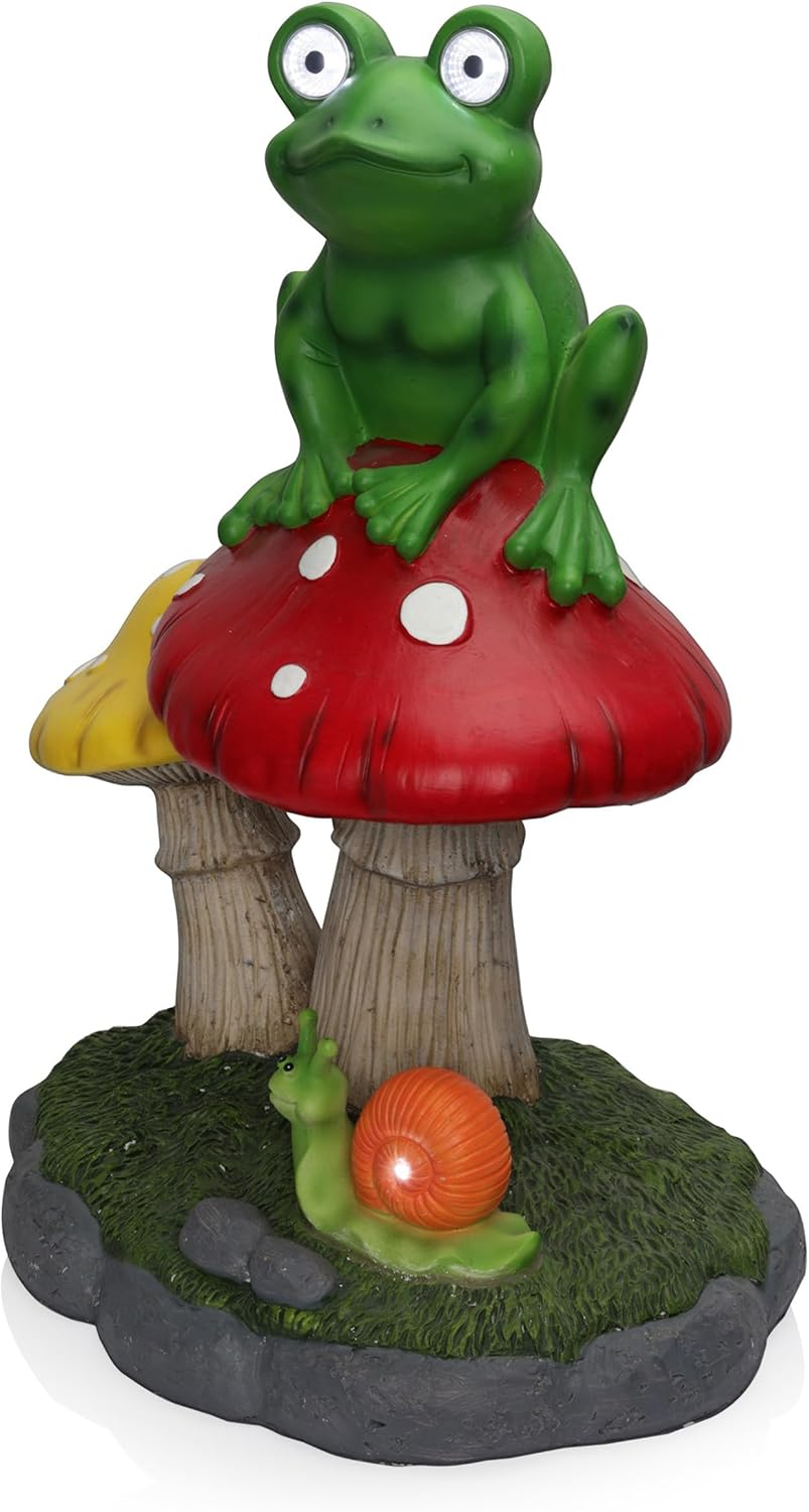 Solar Frog Sitting On Top of Mushroom Statue
