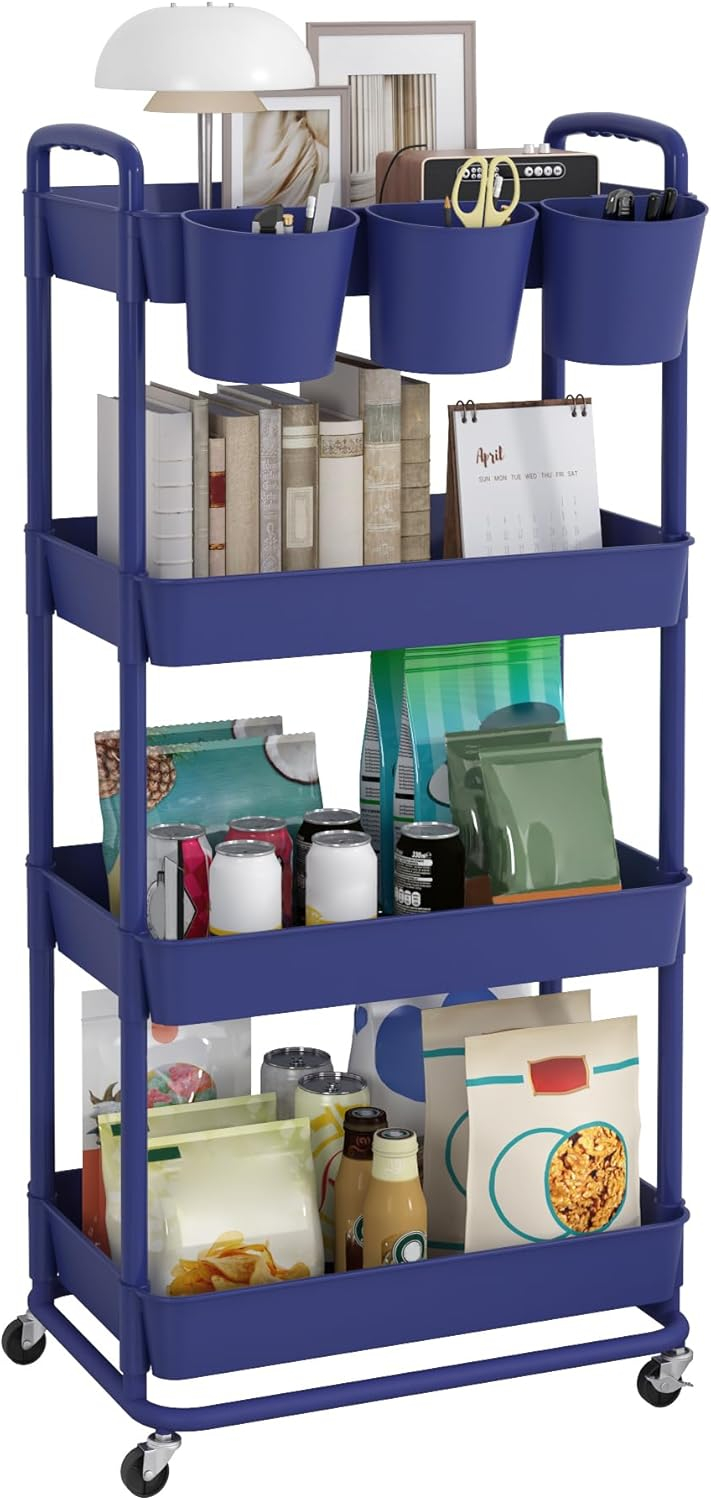 JIUYOTREE 4-Tier Plastic Rolling Storage Cart Utility Cart with Extra Hanging Cups Handles Lockable Wheels for Living Room Bathroom Kitchen Office Green