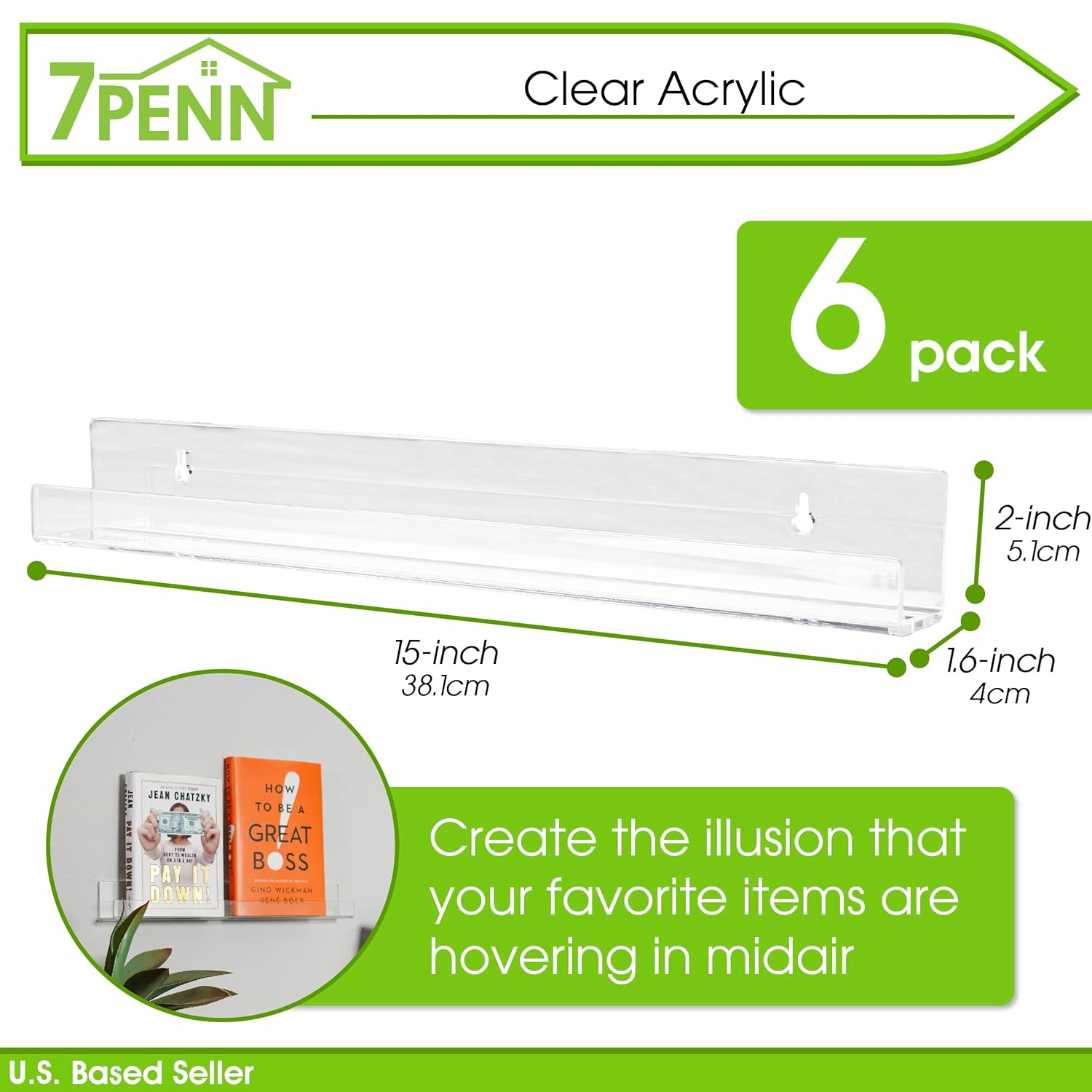 7Penn 2" x 15" Floating Book Display Shelves (Set of 6)