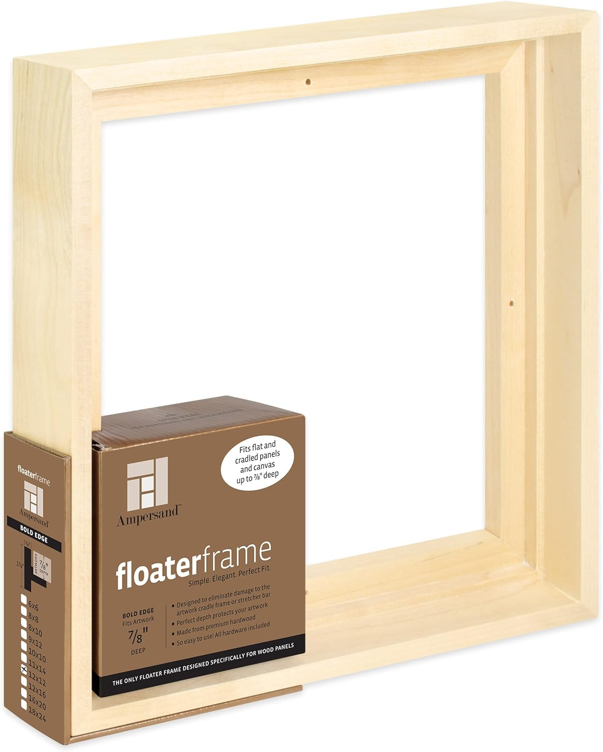 Ampersand Art Floaterframes Bold Edge (3/8" Face) 1-7/8" Frame Profile for 7/8" Deep Artwork 12" x 12" Maple