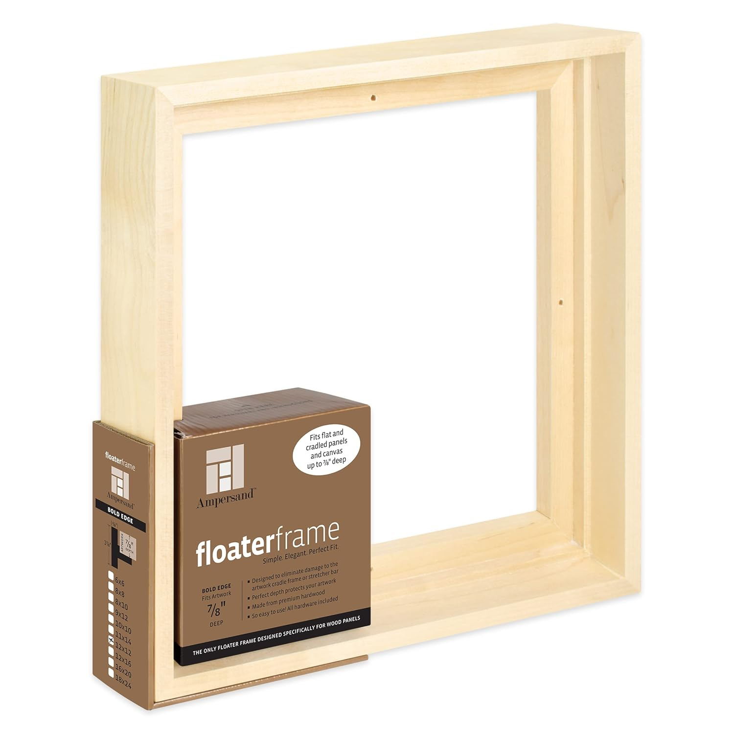 Ampersand Art Floaterframes Bold Edge (3/8" Face) 1-7/8" Frame Profile for 7/8" Deep Artwork 12" x 12" Maple