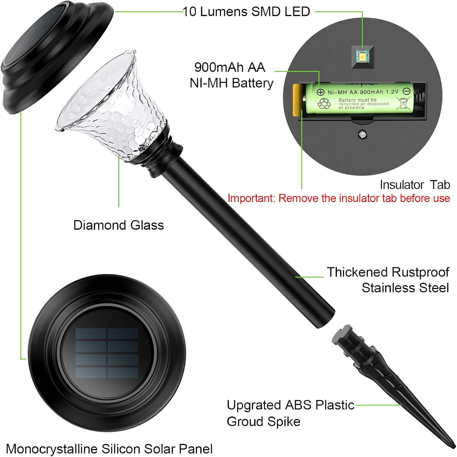 Glass Solar Lights Outdoor, 8 Pack Super Bright Solar Pathway Lights, Up to 12 Hrs Long Last Auto On/Off Garden Lights Solar Powered Waterproof, Stainless Steel LED Landscape Lighting for Yard