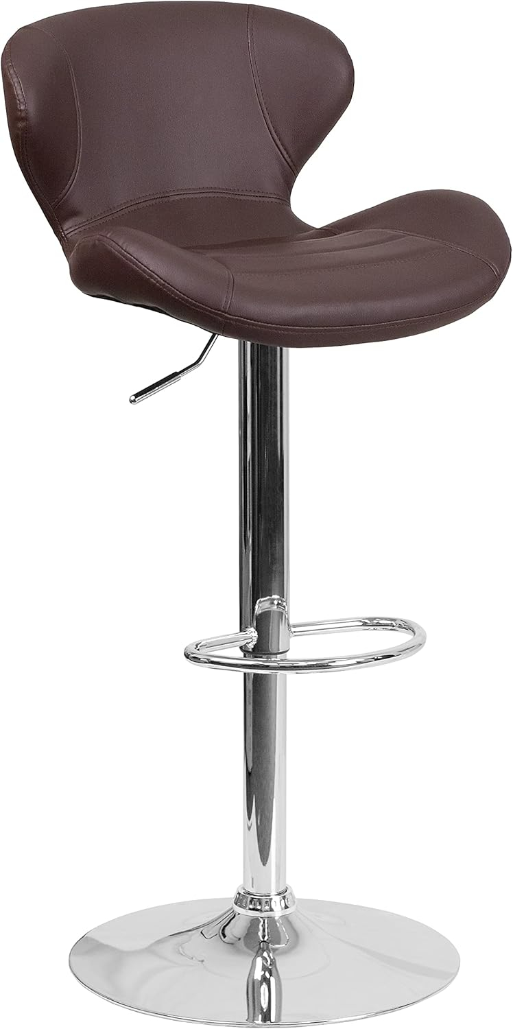 Flash Furniture Contemporary Brown Vinyl Adjustable Height Barstool with Curved Back and Chrome Base