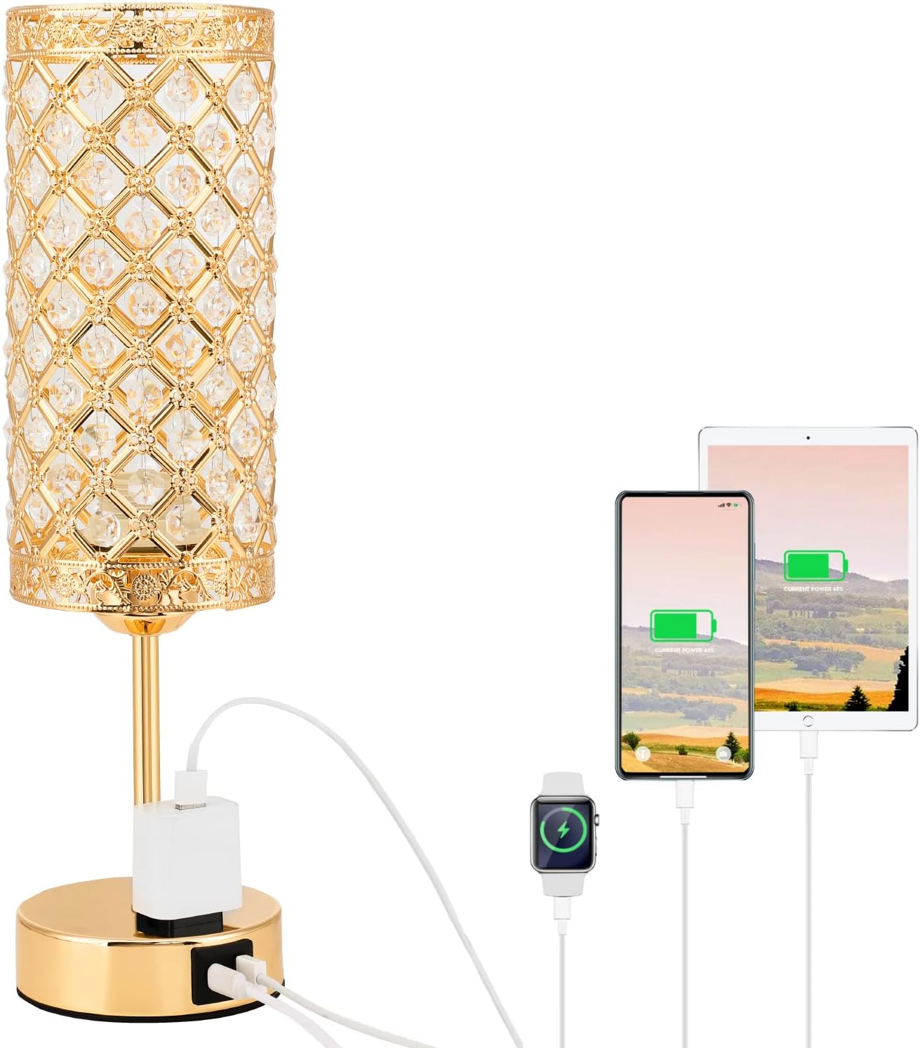 USB Crystal Table Lamp, Gold Table Lamp USB A+C Charging Ports&Multiple Outlet,3 Way Dimmable Bedside Lamp Decorative Modern Nightstand Lamp with Bulb for Living Room Bedroom Sofa Table