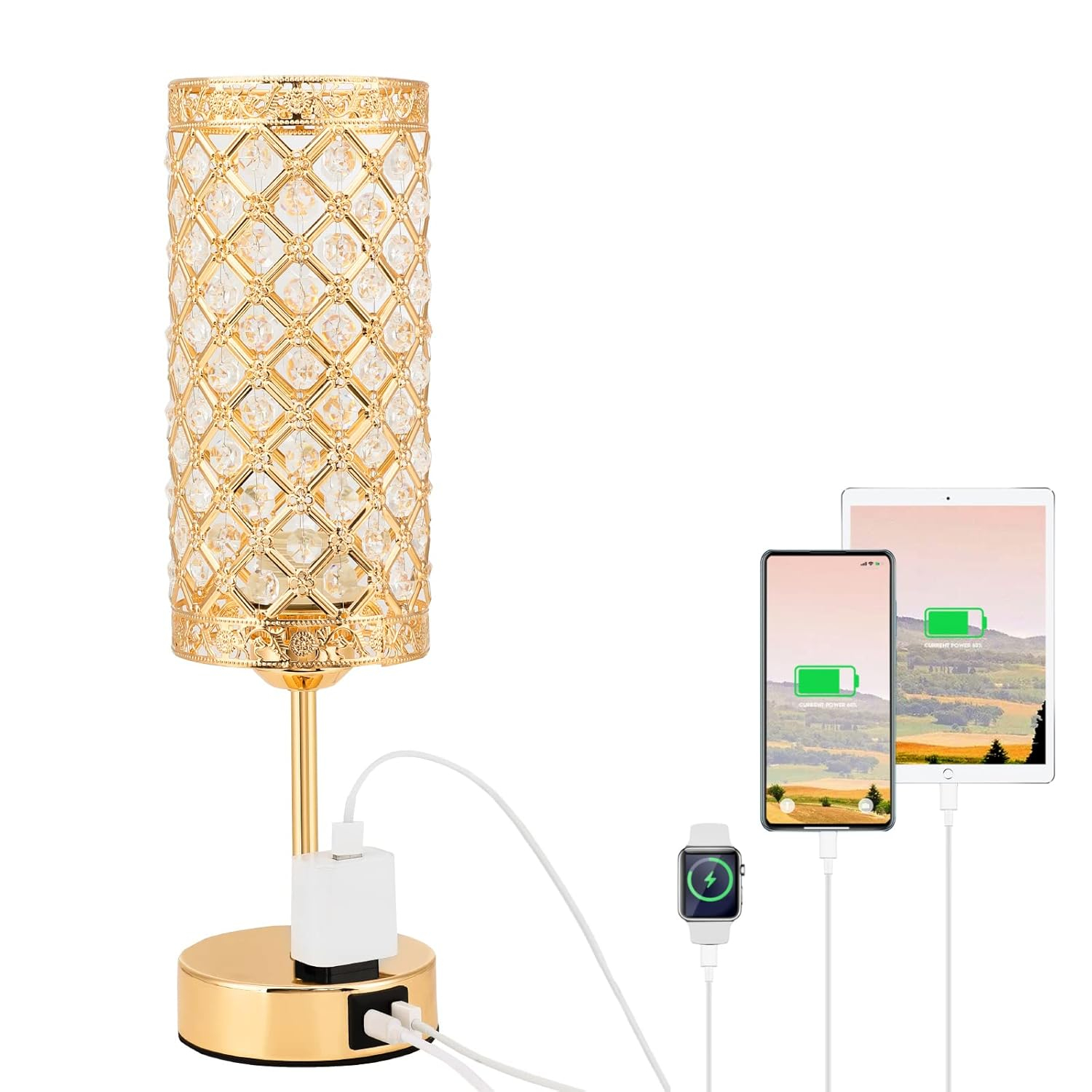 USB Crystal Table Lamp, Gold Table Lamp USB A+C Charging Ports&Multiple Outlet,3 Way Dimmable Bedside Lamp Decorative Modern Nightstand Lamp with Bulb for Living Room Bedroom Sofa Table