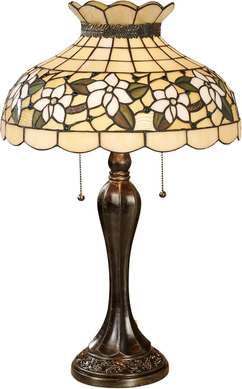 Touch of Class Maylea Magnolia Stained Glass Table Lamp Ivory 20.5 Inches High - Tiffany Style Lighting for Bedroom, Living Room, Office, Hotel