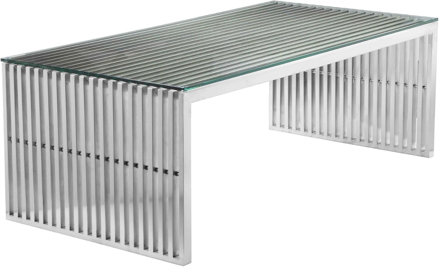 Benjara Meza 47 Inch Coffee Table, Glass Top, Waterfall Slatted Panel Frame, Silver