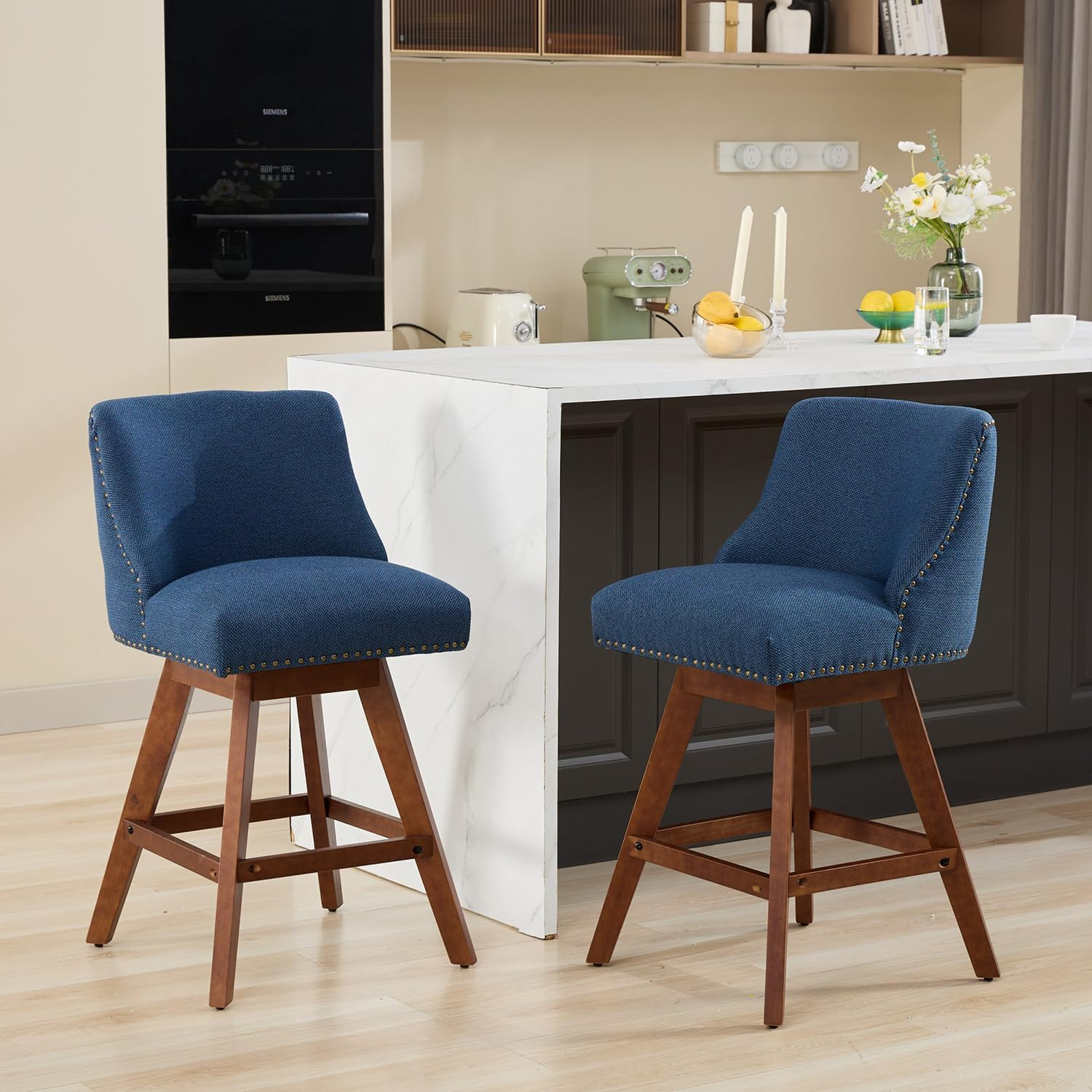 26" Swivel Bar Stools Set of 2, Modern Linen Fabric Counter Stools with Backs and Nail Head Design, Upholstered Barstools with Wood Frame for Kitchen Island, Beige