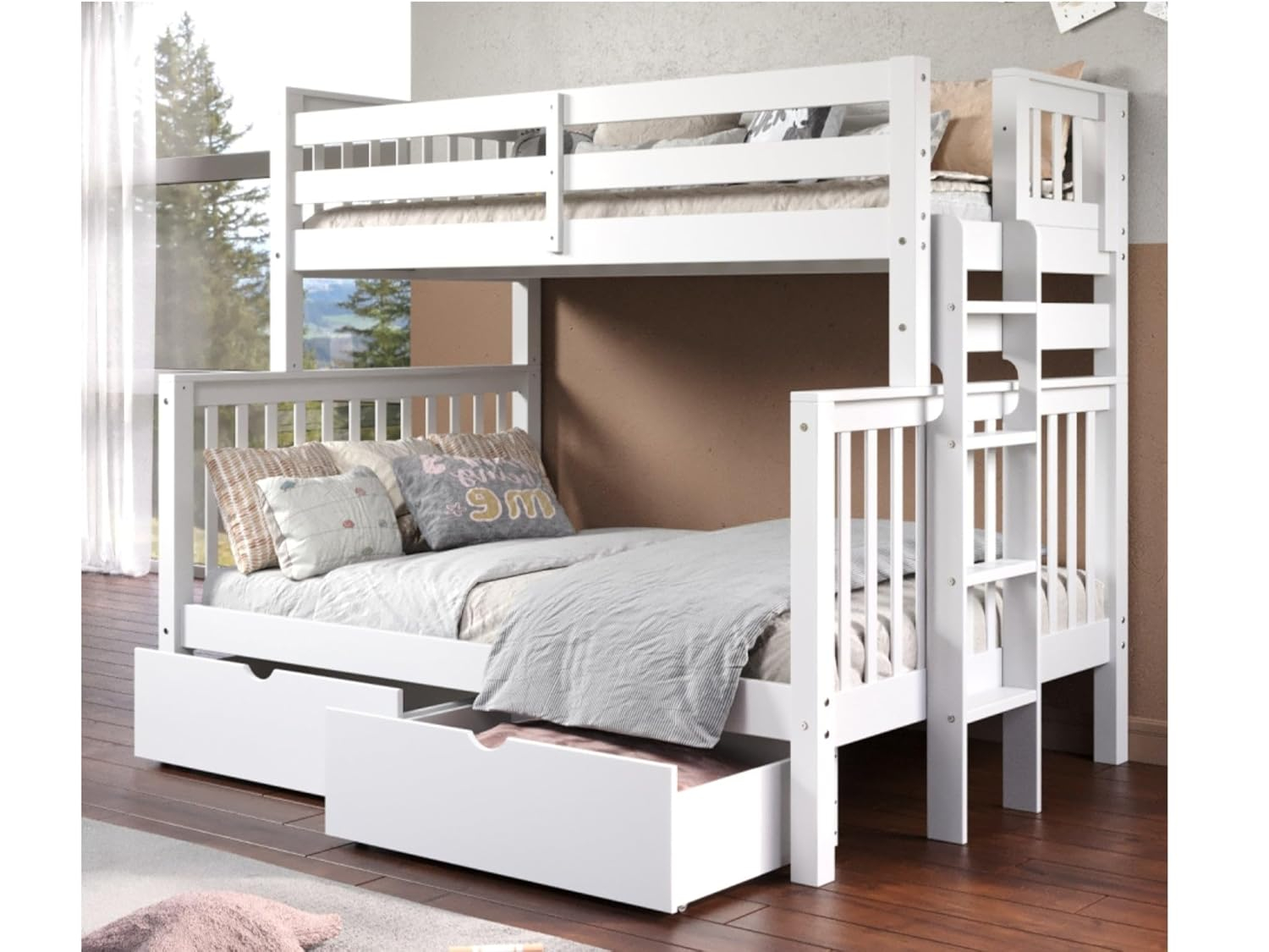 Bedz King Bunk Beds Twin over Full Mission Style with End Ladder and 2 Under Bed Drawers, White