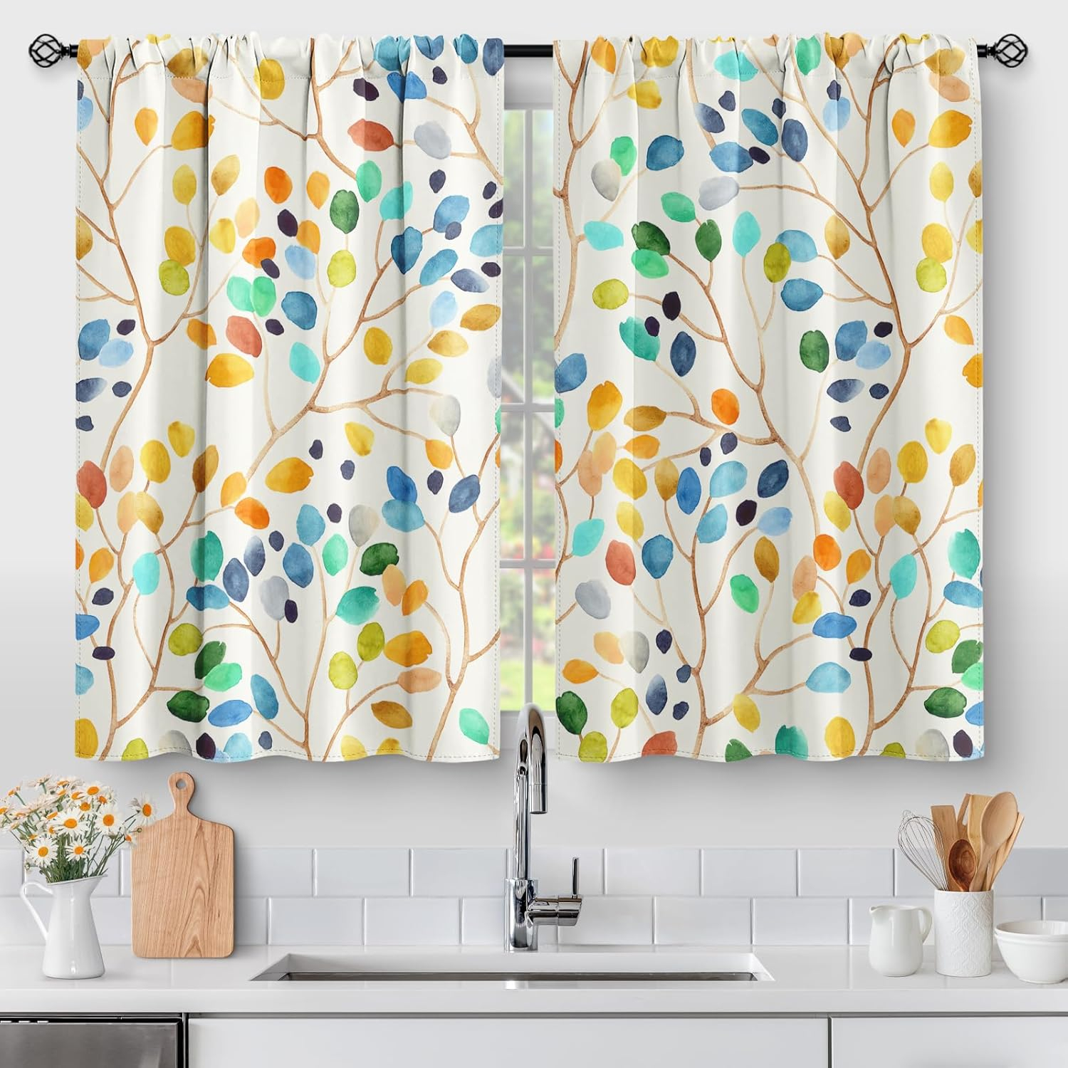 Aimego Colorful Leaves Kitchen Curtains - Floral Spring Botanical Tier Cafe Curtains Farmhouse Country Small Window for Bathroom Living RV Rod Pocket Window Drapes 36 Inch 2 Panels Set 28 "x36