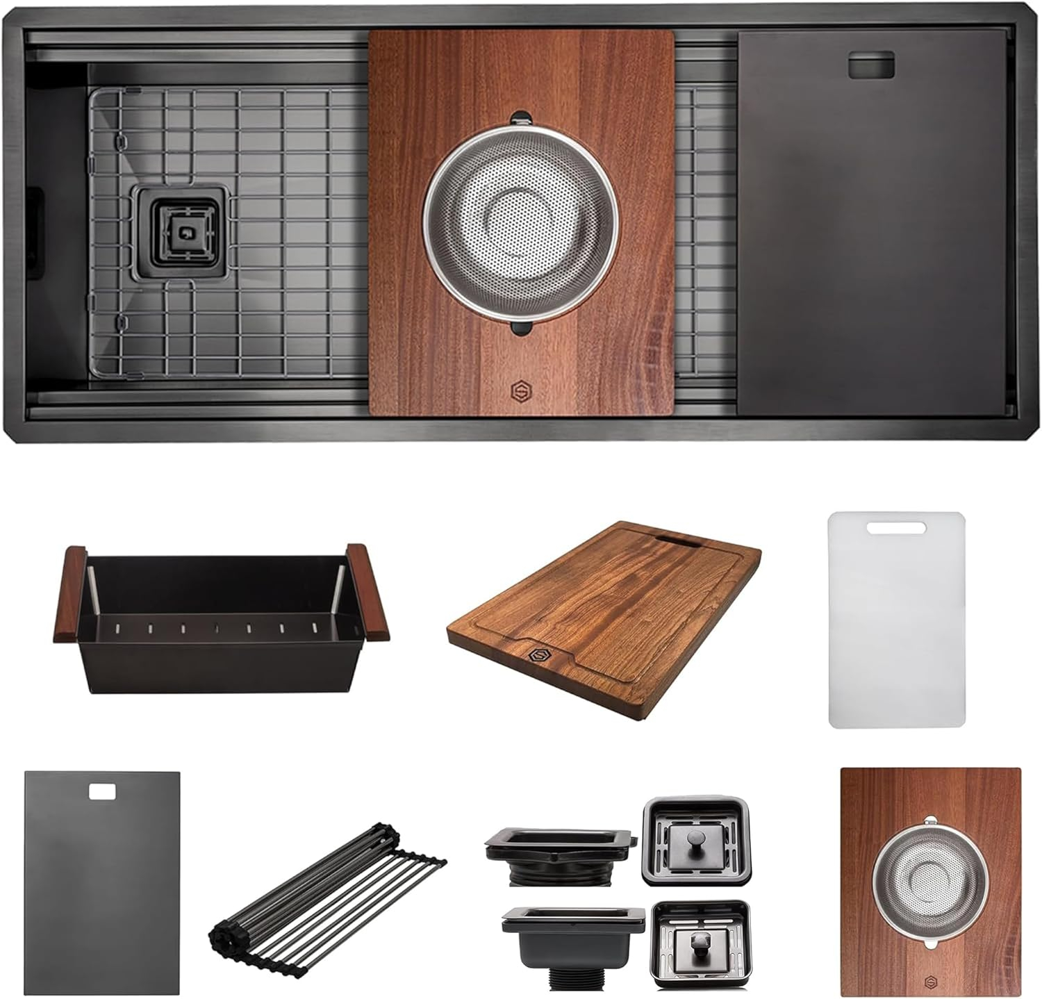 Strictly Sinks 45 Inch Black Workstation Sink - 16 Gauge Stainless Steel Sink, 2-Tier Undermount Kitchen Sink with Accessories