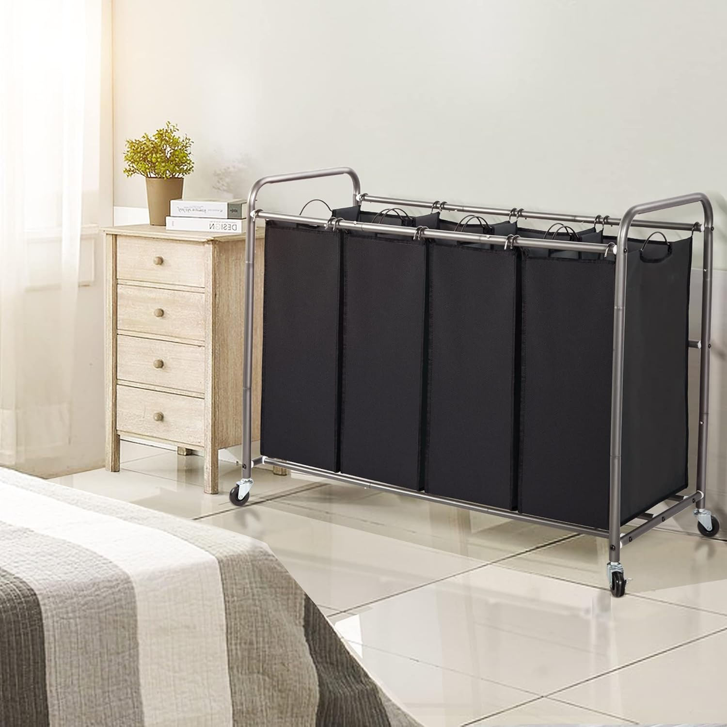 STO STO Laundry Sorter 4 Section, 4 Bag Laundry Hamper, Rolling Laundry Cart, Laundry Basket with Heavy Duty Lockable Wheels and Removable Bag for Clothes Storage, Black