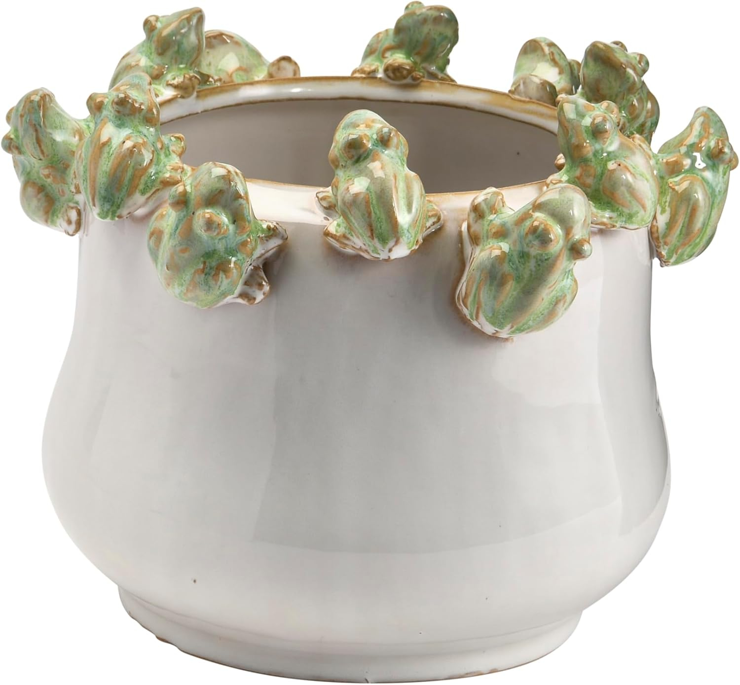 Creative Co-Op Decorative Stoneware Planter with Frog Figurine Rim, White and Green