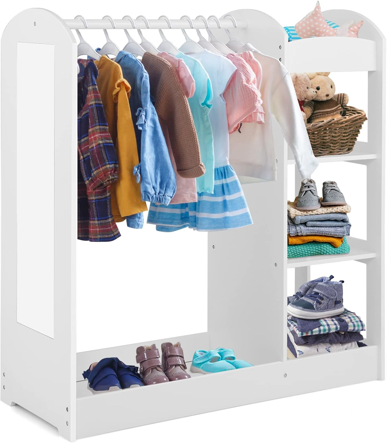 Costzon Kids Dress up Storage with Mirror, Clothes Rack, 3-Tier Shelves, Bottom Tray, Pretend Play Costume Dresser Organizer Center, Open Hanging Armoire Closet for Little Girls (White)