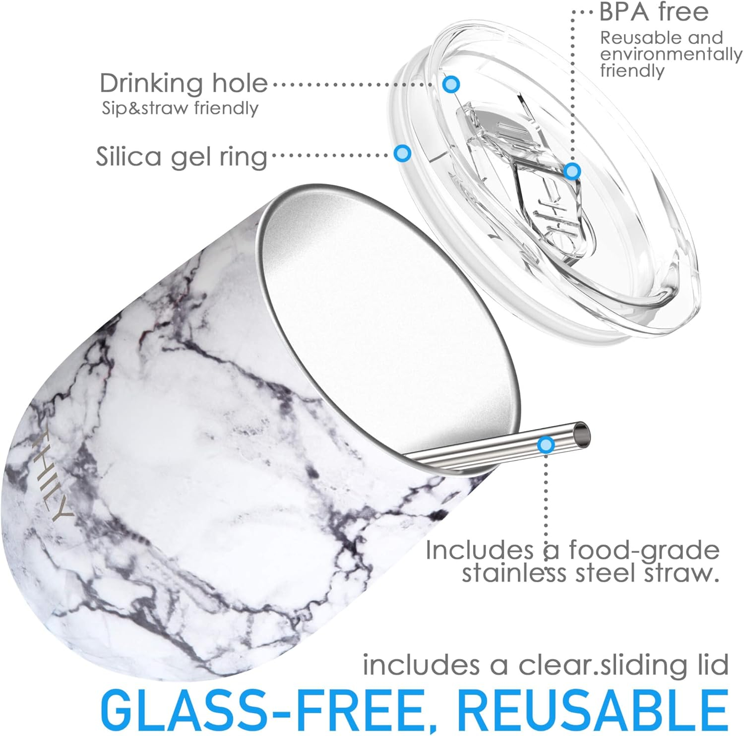 Stainless Steel Stemless Wine Tumbler - THILY 12 oz Triple-Insulated Wine Glass with Lid and Straw, Reusable Travel Coffee Cup, Keep Hot or Cold for Wine, Coffee, Beer, Juice, White Marble