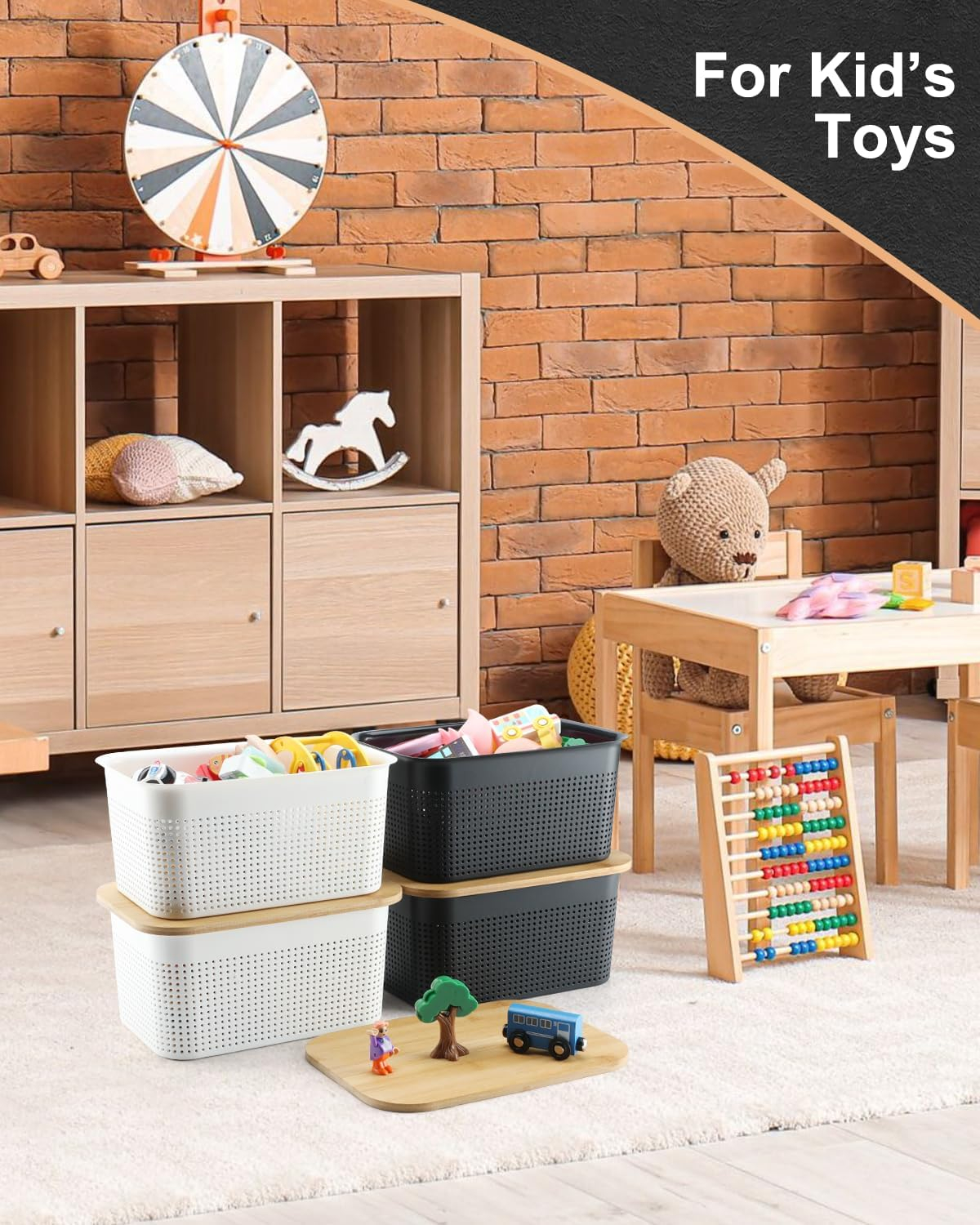 Black Plastic Storage Bins with Bamboo Lids