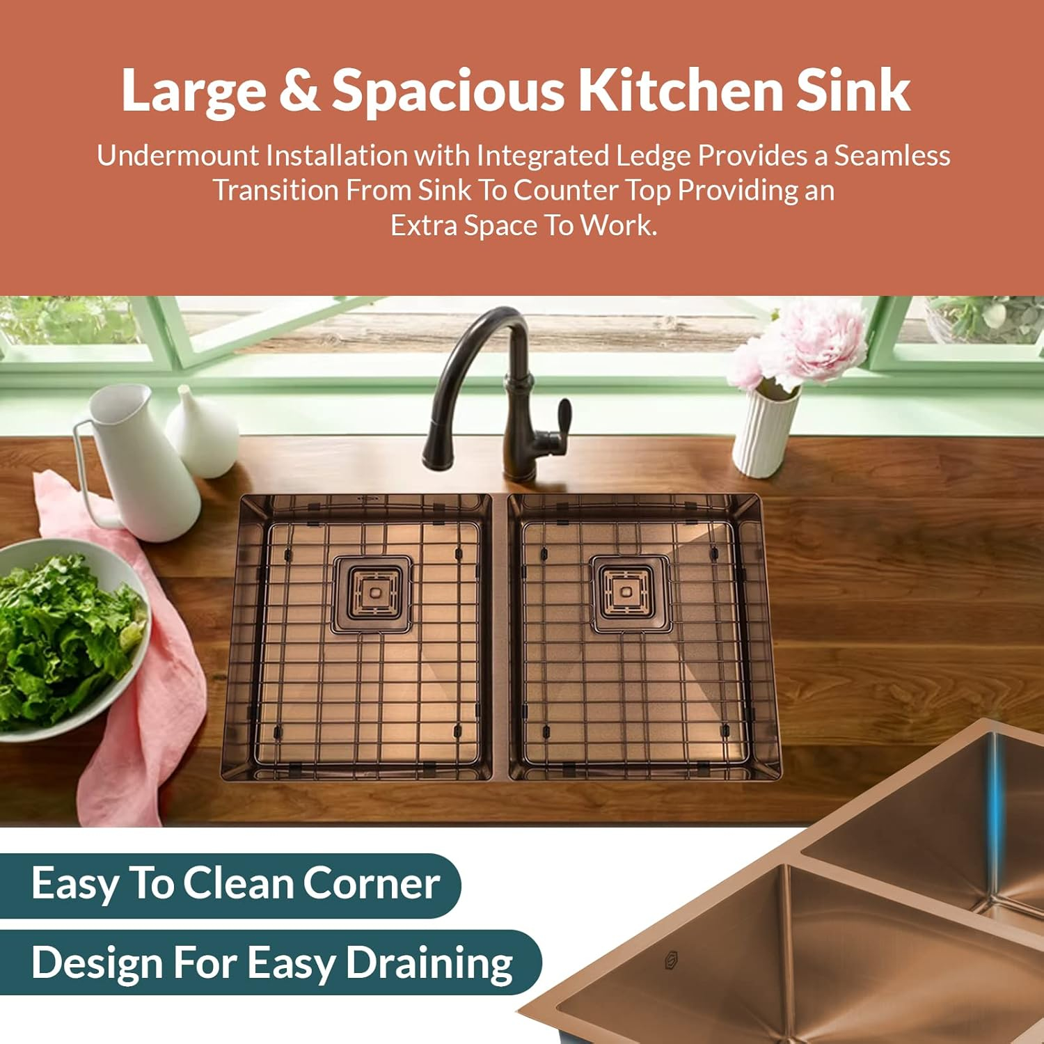 Matte Copper Finish Double Bowl Stainless Steel Undermount Kitchen Sink
