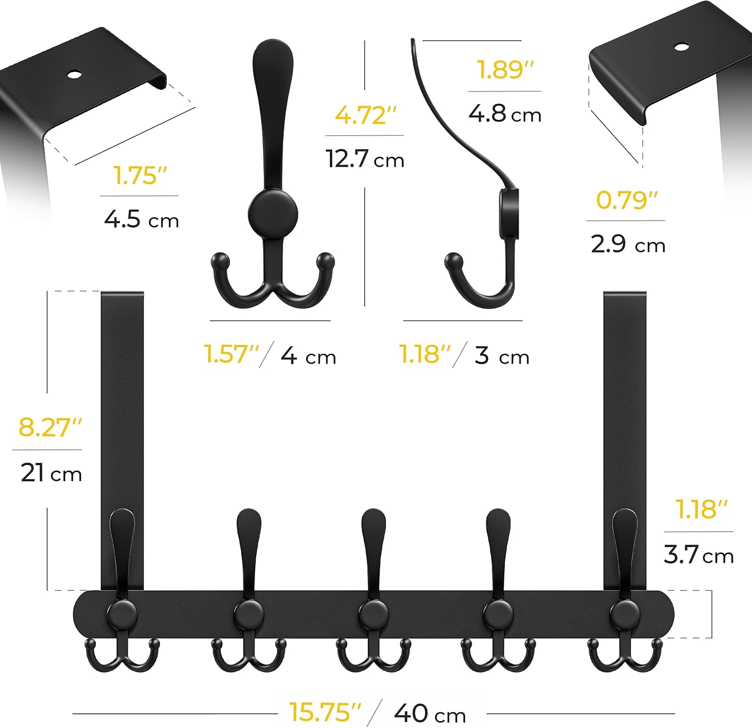 Matte Black Over The Door Hooks - Heavy Duty Stainless Steel Door Hanger Holder with 5 Tri Hooks for Hanging Coat Robe Hat Bag Towel Rack Bathroom, Bedroom, Closet – 1 Pack
