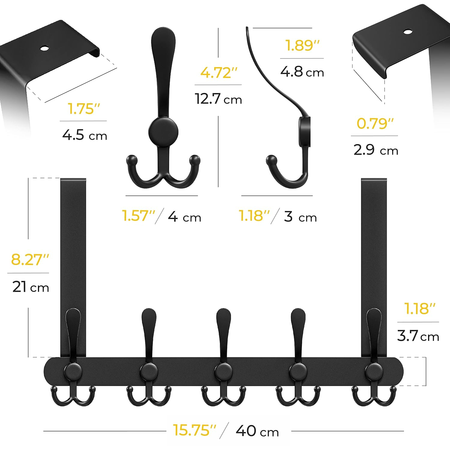 Matte Black Over The Door Hooks - Heavy Duty Stainless Steel Door Hanger Holder with 5 Tri Hooks for Hanging Coat Robe Hat Bag Towel Rack Bathroom, Bedroom, Closet – 1 Pack