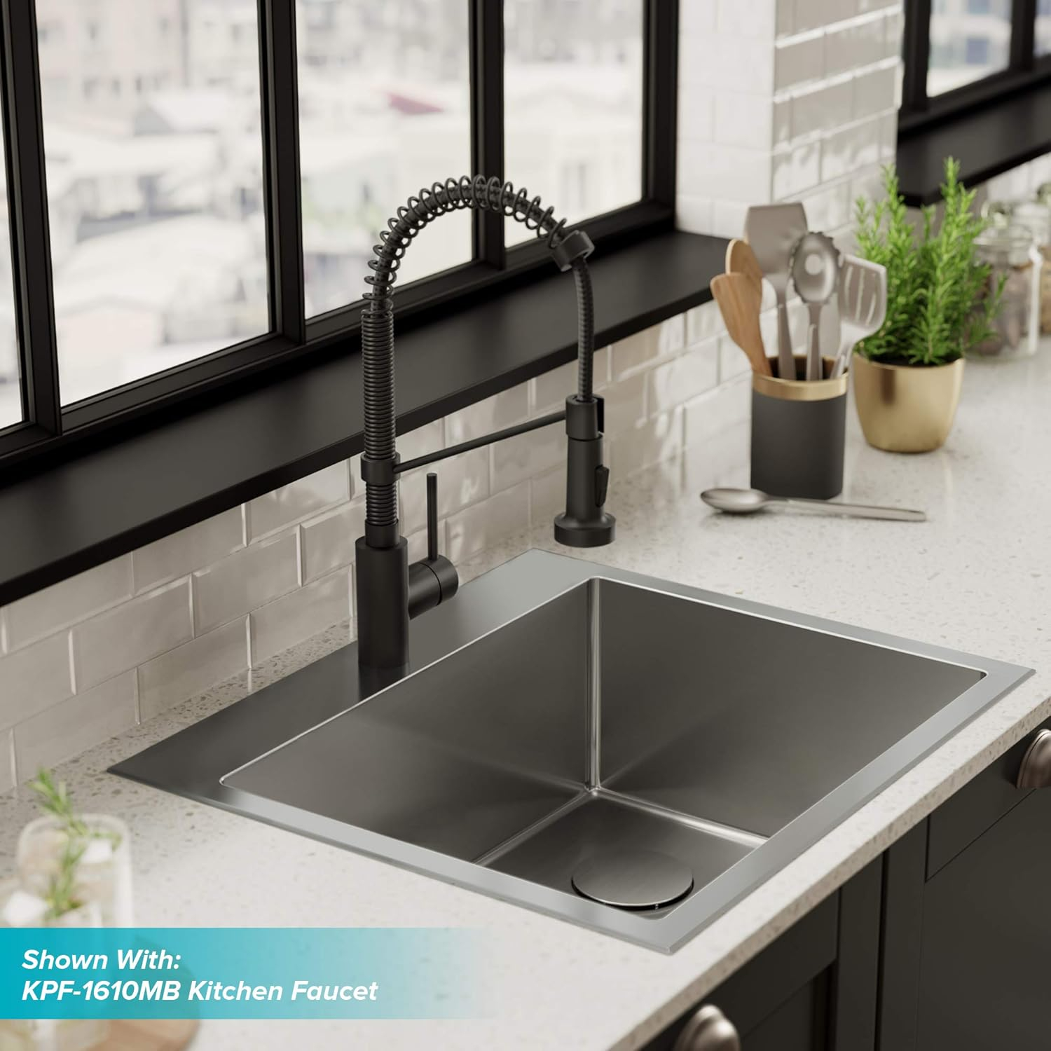 Kraus KHT411-25 Standart Pro Drop-in Topmount 16 Gauge Single Bowl 2-Hole Stainless Steel Set (5 Item Bundle: Sink, Bottom Grid, Assembly, Drain Cap, Kitchen Towel), 25 Inch, Tight Radius