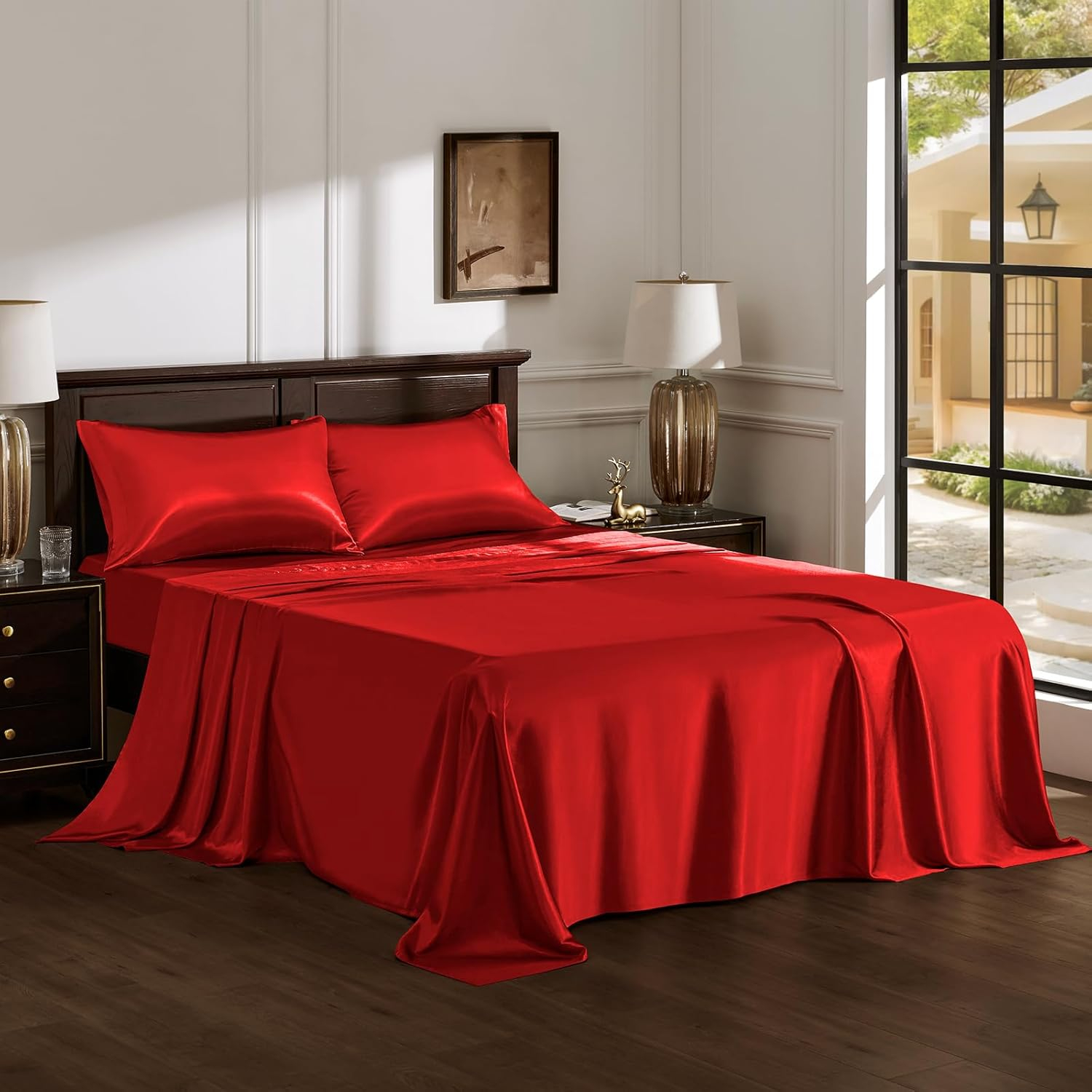 Cloud Fino Luxurious Satin Bed Sheets Burgundy Silk Sheets King 15 " Deep Pocket Pillowcases Sheet, 4-Piece