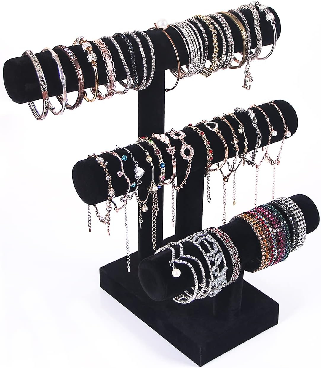 T Bar Bracelet Display Stand,Bracelet Organizer Holder,Jewelry Display Stand, Necklace Bangle Scrunchie Watch Organizer (Black, 3 tier)