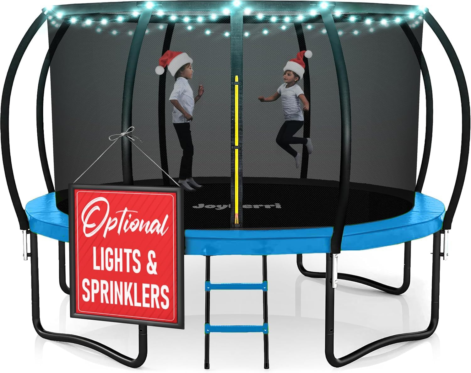 Trampoline Outdoor - ASTM Certified Safe, 8Ft, 10Ft, 12Ft, 14Ft, 15Ft, 16Ft Recreational Trampoline for Kids and Adults. Anti-Rust Coating with Enclosure Net, Ladder, Sprinkler & LED Lights