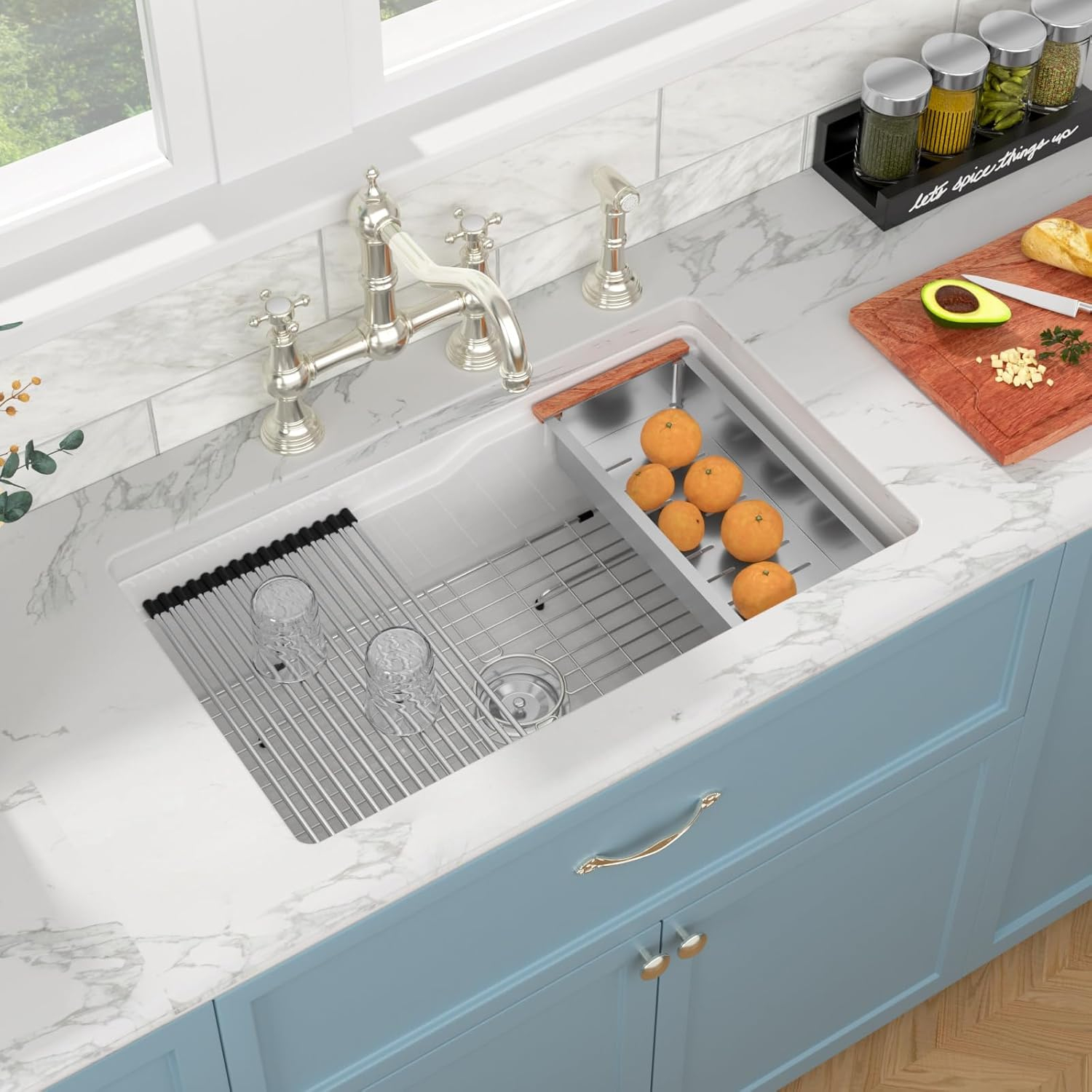 Sarlai White Workstation Kitchen Sink 32 Inch White Undermount Kitchen Sink Ceramic Sinks Drop In Single Bowl Ledge Workstaion Topmount Fireclay Basin 32 x19 x10 Inch