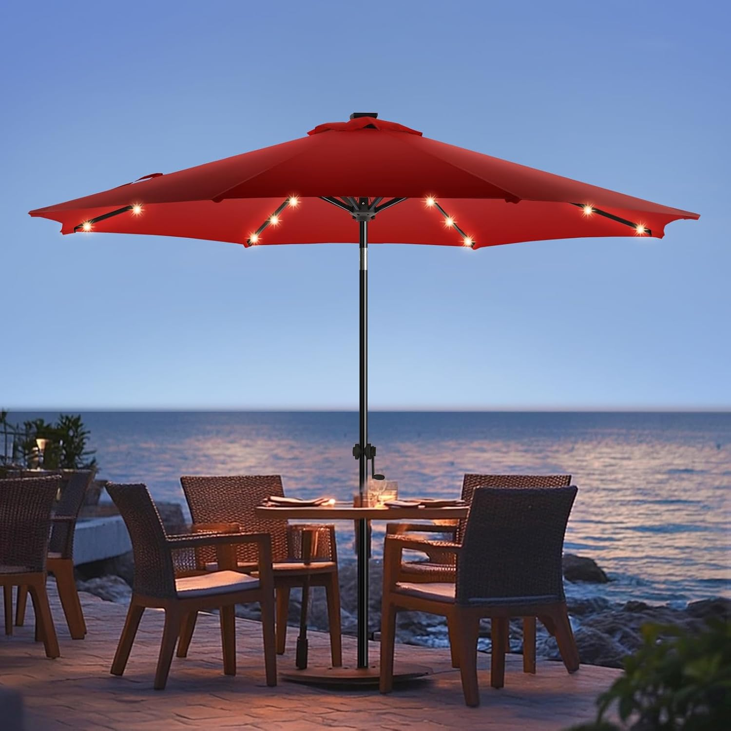 JEAREY Upgrade 9FT LED Lighted Patio Umbrella, Solar Outdoor Umbrella, Tilt Table Umbrella for Pool, Deck & Yard (Red)