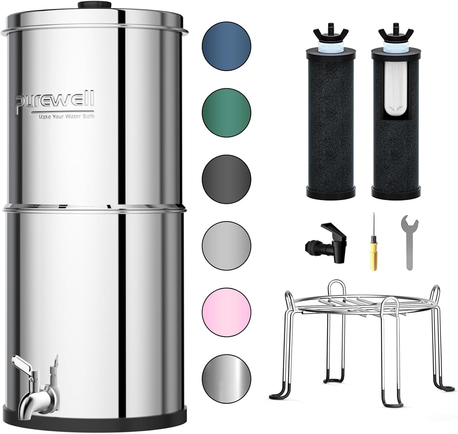 Purewell 3-Stage 0.01μm Ultra-Filtration Gravity Water Filter System, NSF/ANSI 42&372 Certification, 304 Stainless Steel Countertop System with 2 Filters and Stand, Reduce 99% Chlorine, 2.25G, PW-OB