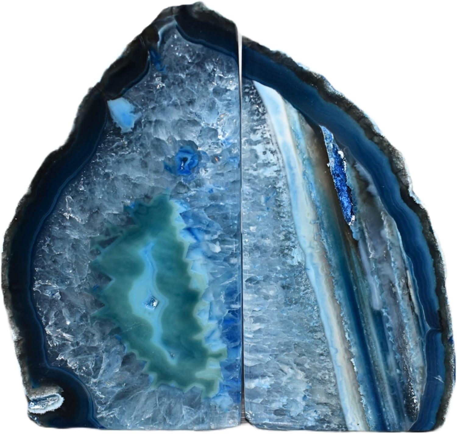 Nature's Decorations Agate Bookends - A Quality Blue Geode Book Ends with Rubber Bumpers for Shelves, Office, Home Decor - Heavy Duty Cool Crystal Stone Bookend Pair for Decoration (3-4 LB)