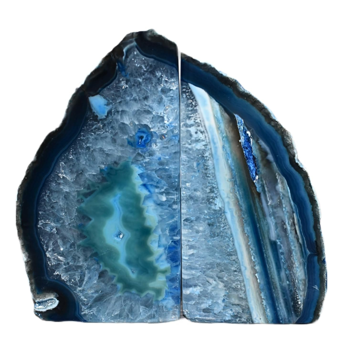 Nature's Decorations Agate Bookends - A Quality Blue Geode with Non-Skid Rubber Bumpers for Shelves, Office, Home Decor - Heavy Duty Cool Crystal Stone Book End Pair for Decoration (3-4 LB)