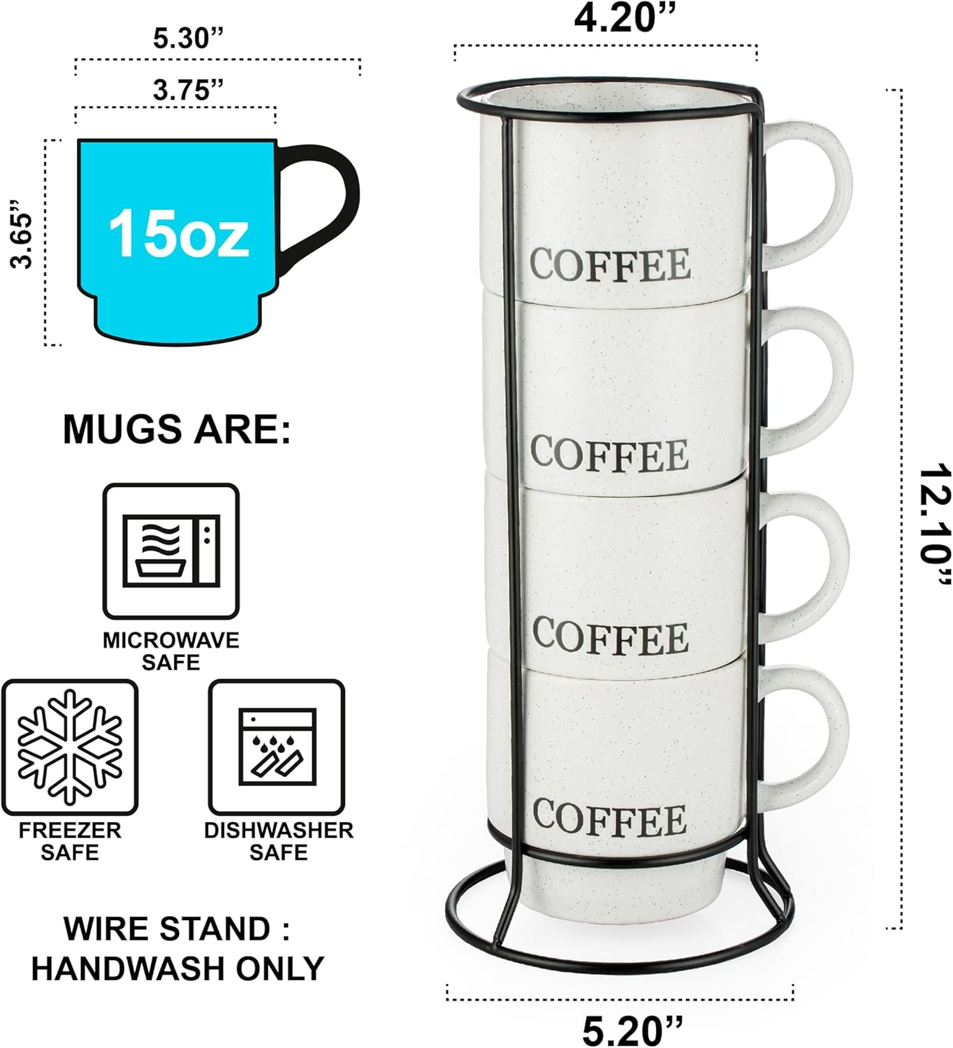 Signature Housewares Stackable Coffee Mug Tower Set with Metal Wire Rack - 15 Ounce Coffee Mugs for Coffee, Tea, Cocoa, Milk, Cappuccino, Hot Chocolate Set of 4 - White Coffee