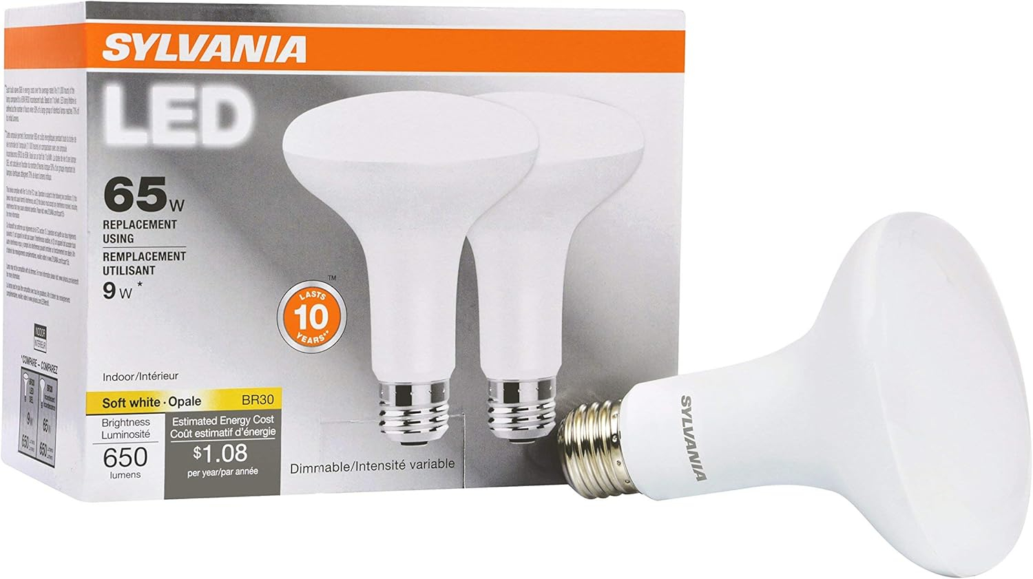 SYLVANIA LED Flood Light Bulb, BR30, 9W, 2700K, Dimmable, Soft White, 2 Pack