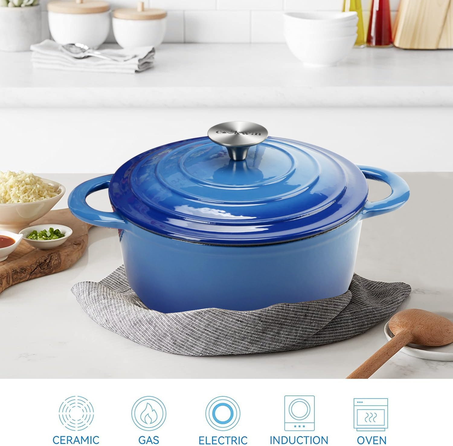 Enameled Cast Iron Dutch Oven with Self Basting Lid Non-stick Enamel Coated Dutch Oven Camping Suitable For Variety Stovetops Dutch Ovens Gifts for Family Blue 3QT