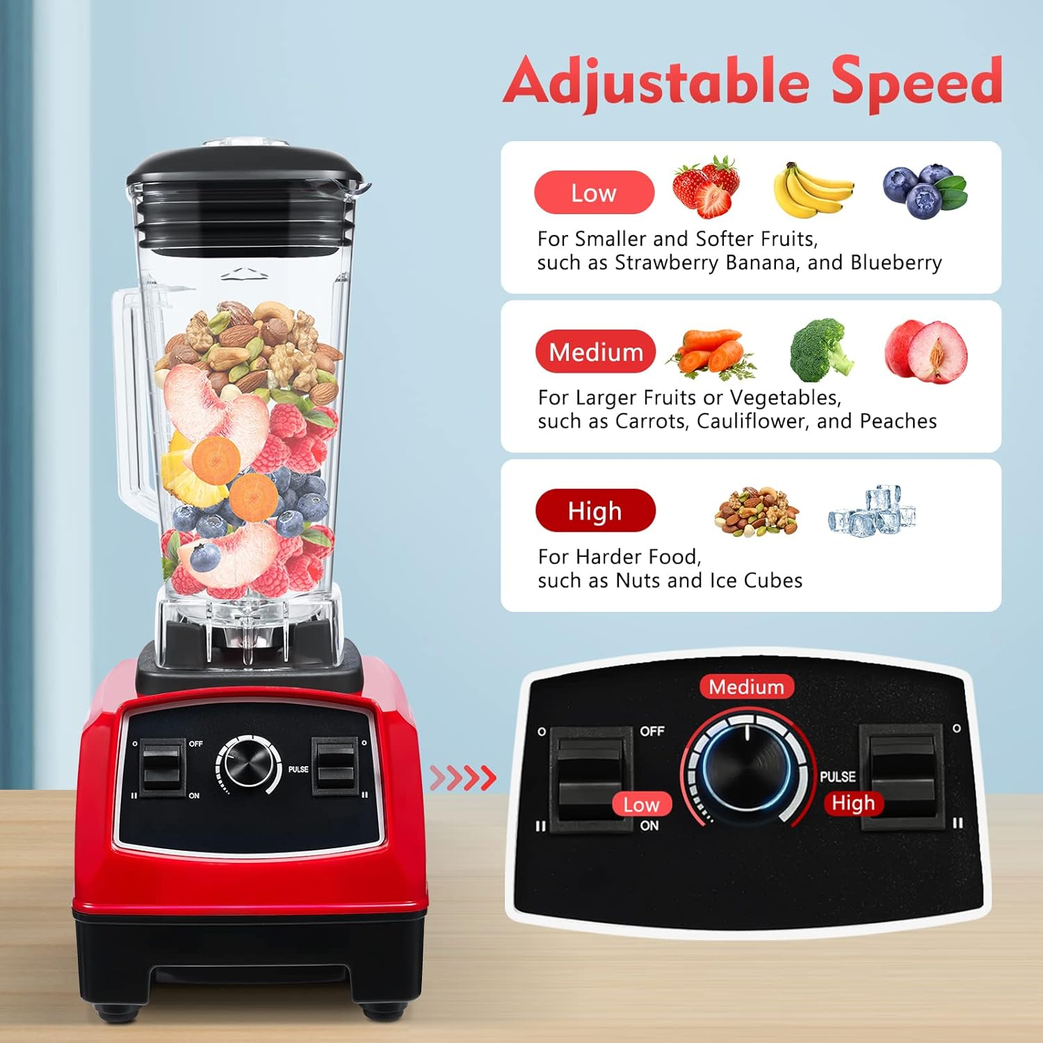 3HP Heavy Duty Professional Power Blender, 2L High Power Commercial Blender Mixer Juicer Smoothie Maker, 2200W Red Blender for Kitchen