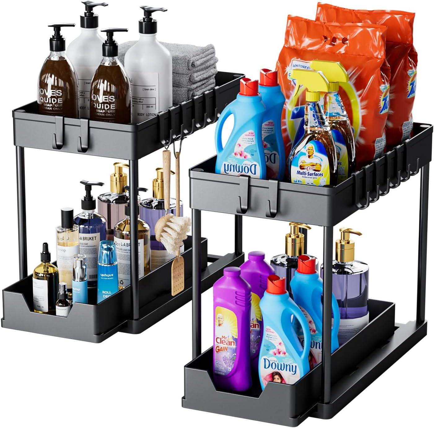 Kisportee 2 Pack Under Sink Organizer, 2 Tier Sliding Under Bathroom Cabinet Organizer with 10 Hooks and 4 Hanging Cups, Multi-Purpose Kitchen Counter Shelf, Black