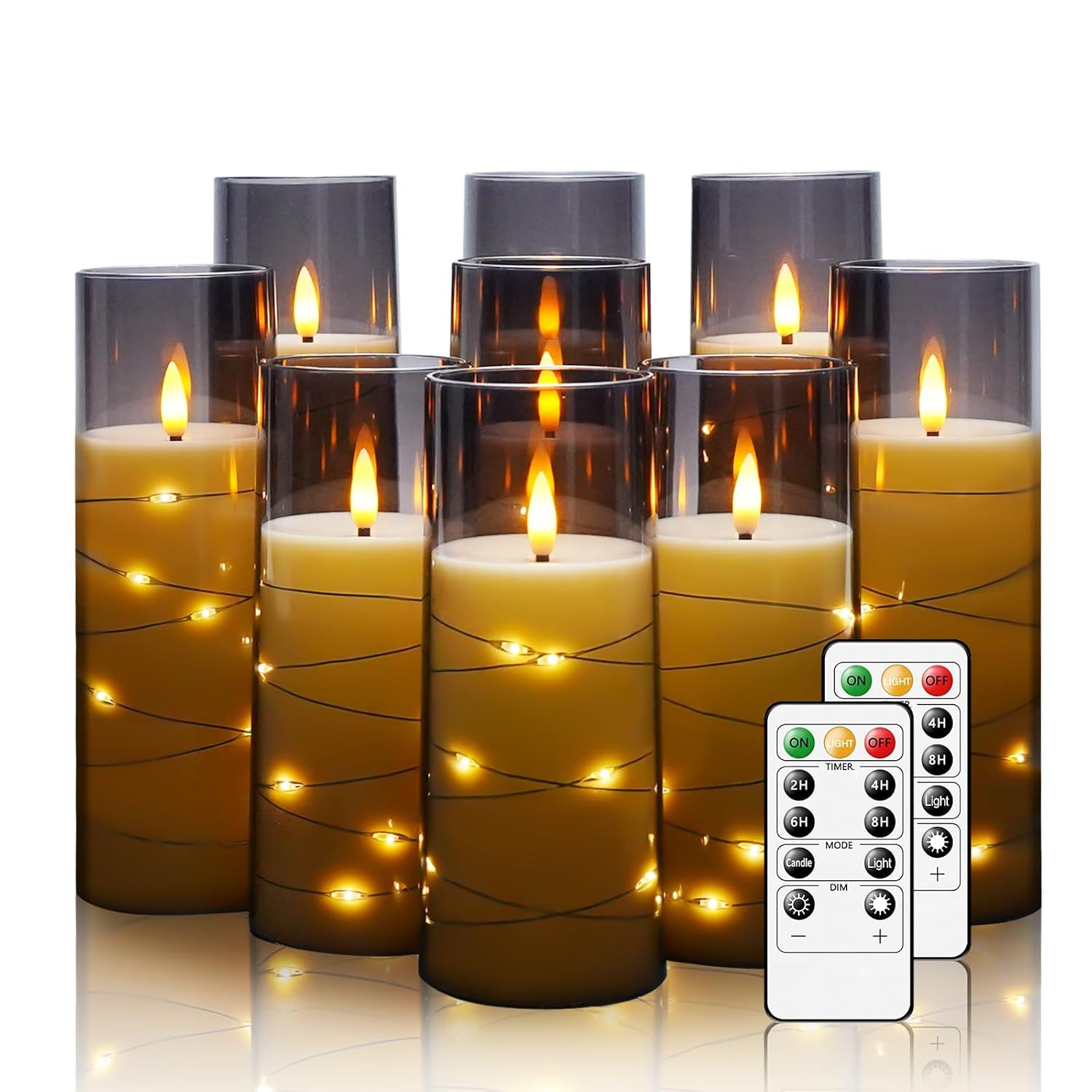 Raycare Flameless LED Candles with Embedded Star String, 9 Pcs Battery Operated Acrylic Pillar Candles with Timer and Remote, Flickering for Romantic Ambiance and Home Decoration (Grey)