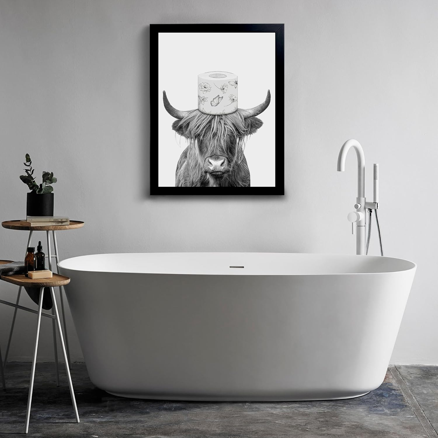 Black Framed Bathroom Decor - Funny Highland Cow Wall Art in Bathtub, Black and White Canvas Cow In Bathroom Picture, Humor Animals Artwork Prints, Rustic Farmhouse Style Wall Decor Ready To Hang for Living Room, Bathroom, Bedroom, Kids Bathroom