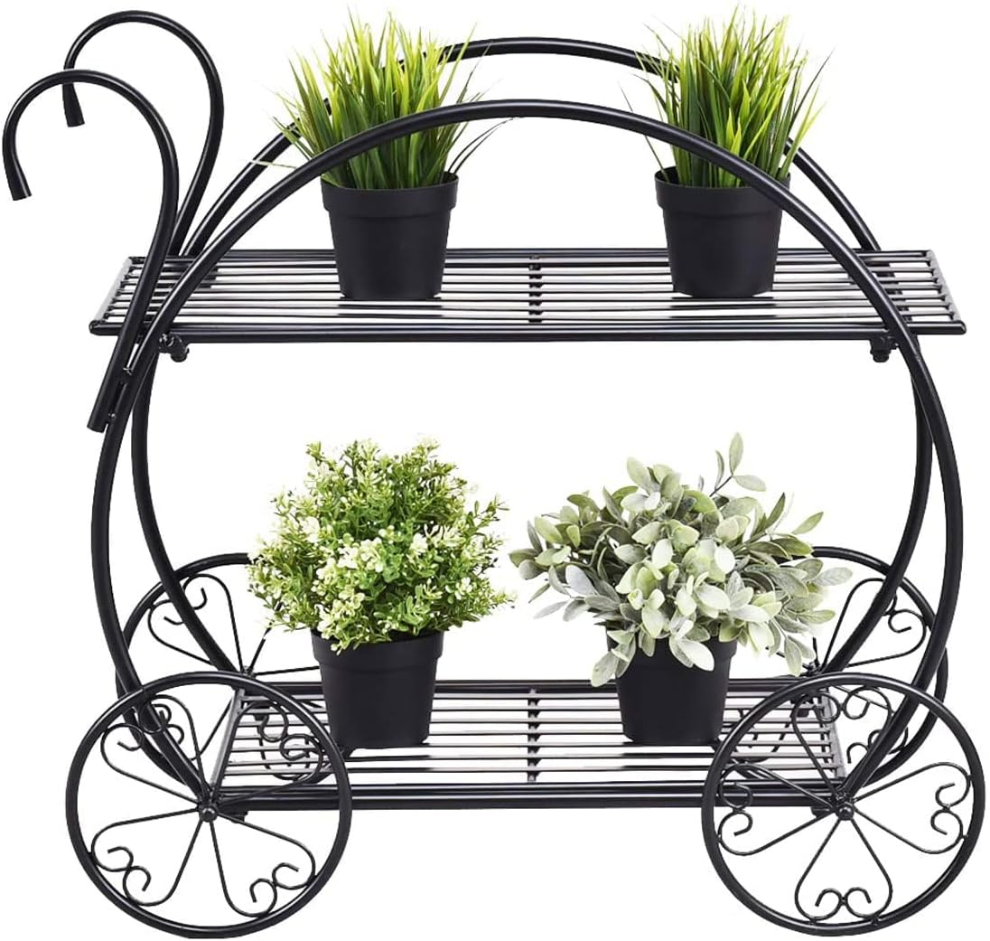 GRAFFY Metal Plant Stand, 2 Tiered Garden Cart Shelf with 4 Decorative Wheels, Parisian Style Flower Pot, Holder Display Shelf for Home Patio Garden Flower Shop